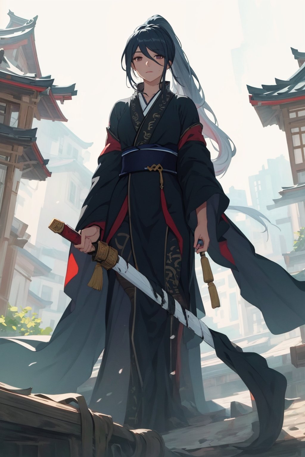 (masterpiece:1.3), (the best quality:1.2), (super fine illustrations:1.2), (Masterpiece), high quality, high detail, (white background:1.2), looking at viewer, (SOLO:1.4), outline, simplebackground, , weapon, blood, red eyes, hair ornament, hakama skirt, blood on clothes, kimono, dress, shiny hair, collarbone, holding sword, bangs, hanfu, blue eyes, floating hair, blue hair, long sleeves, ponytail, chinese clothes, japanese clothes, wide sleeves, very long hair, 