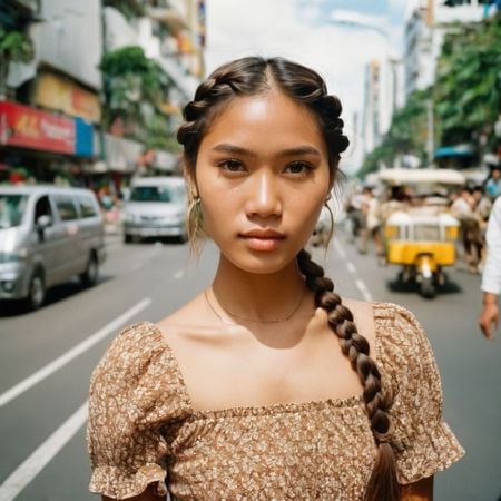 film photography style a handsome young Philippino woman wearing an earthy dress with braided hair looking at camera in a busy city, medium shot portrait,  <lora:FILM_PHOTOGRAPHY_STYLE-000017:1>