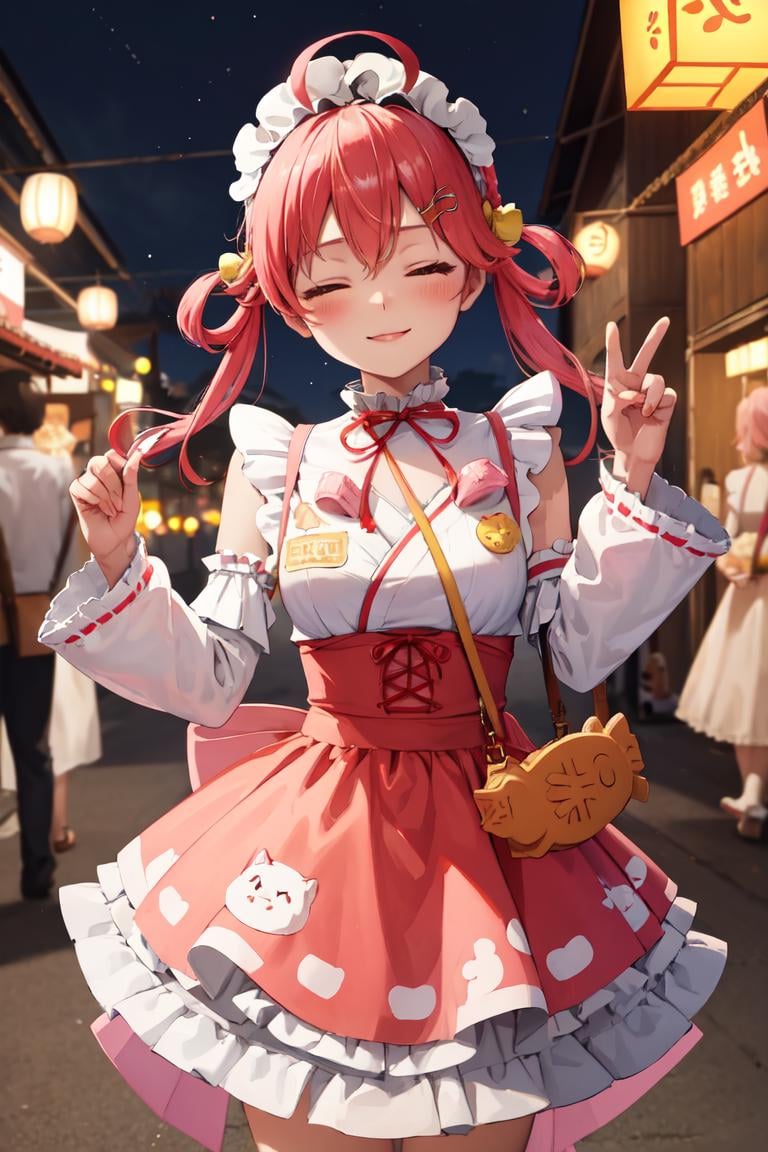 masterpiece, best quality, absurdres, perfect anatomy, MikoNewYears, ahoge, twintails hair rings, maid headdress, frilled dress, detached sleeves, taiyaki-shaped handbag, outdoors, night, paper lanterns, festival, foods stalls, smile, closed eyes, <lora:SakuraMiko:0.8>