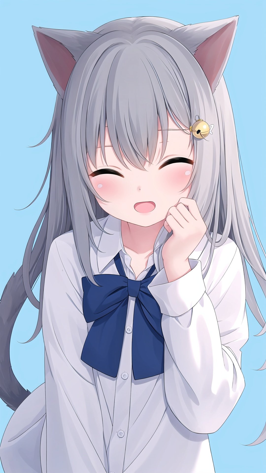 1girl, shirt, cat tail, dress shirt, collared shirt, cat ears, solo, white shirt, sleeves past wrists, cat girl, animal ears, hair ornament, tail, one eye closed, blue eyes, long hair, bangs, long sleeves, grey hair, white background, hand up, open mouth, hair between eyes, rubbing eyes, bell, looking at viewer, blue background, jingle bell, nail polish, hairclip, naked shirt, blush