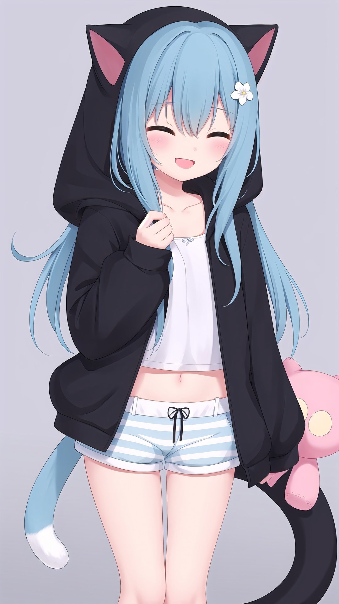 hood down, black jacket, 1girl, animal ears, sleeves past wrists, jacket, hooded jacket, blue hair, cat ears, hood, cat girl, white camisole, stuffed cat, closed mouth, tail, multiple views, camisole, cat tail, striped shorts, barefoot, flying sweatdrops, ^_^, short shorts, blue eyes, long hair, stuffed toy, shorts, long sleeves, closed eyes, blush, bangs, stuffed animal, flower, very long hair, holding flower, one side up, holding, holding stuffed toy, hair between eyes, navel, smile, open jacket, open clothes, striped, :d, white flower, collarbone, puffy sleeves, puffy long sleeves, object hug, open mouth, bare legs, standing