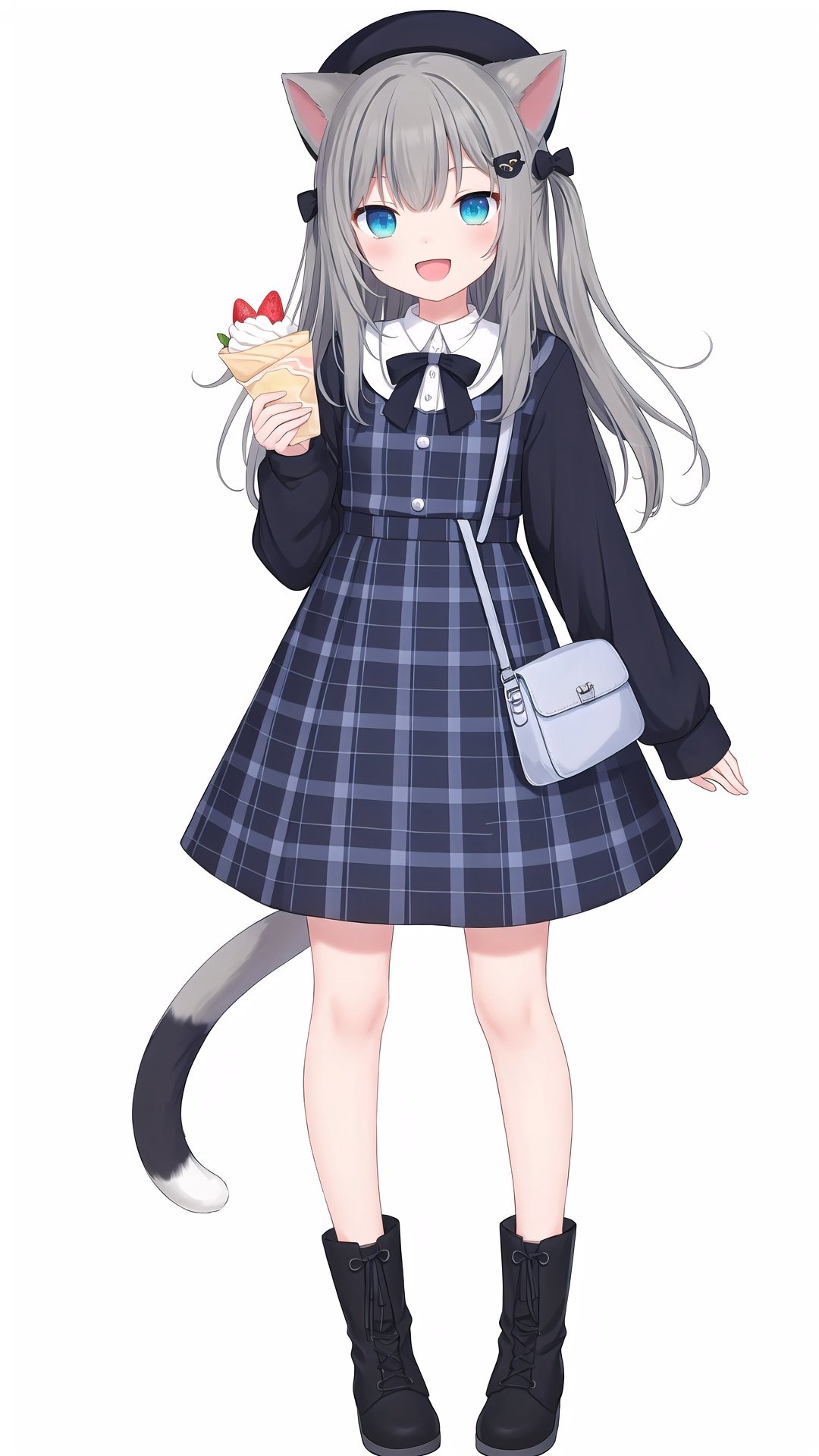 1girl, animal ears, solo, tail, crepe, cat ears, food, full body, cat girl, white background, cat tail, shoulder bag, grey hair, blue eyes, plaid, beret, smile, hat, long sleeves, black footwear, boots, hair ornament, simple background, standing, long hair, bag, looking at viewer, holding, bangs, plaid dress, holding food, dress, strawberry, virtual youtuber, :d, black headwear, shirt, fruit, open mouth