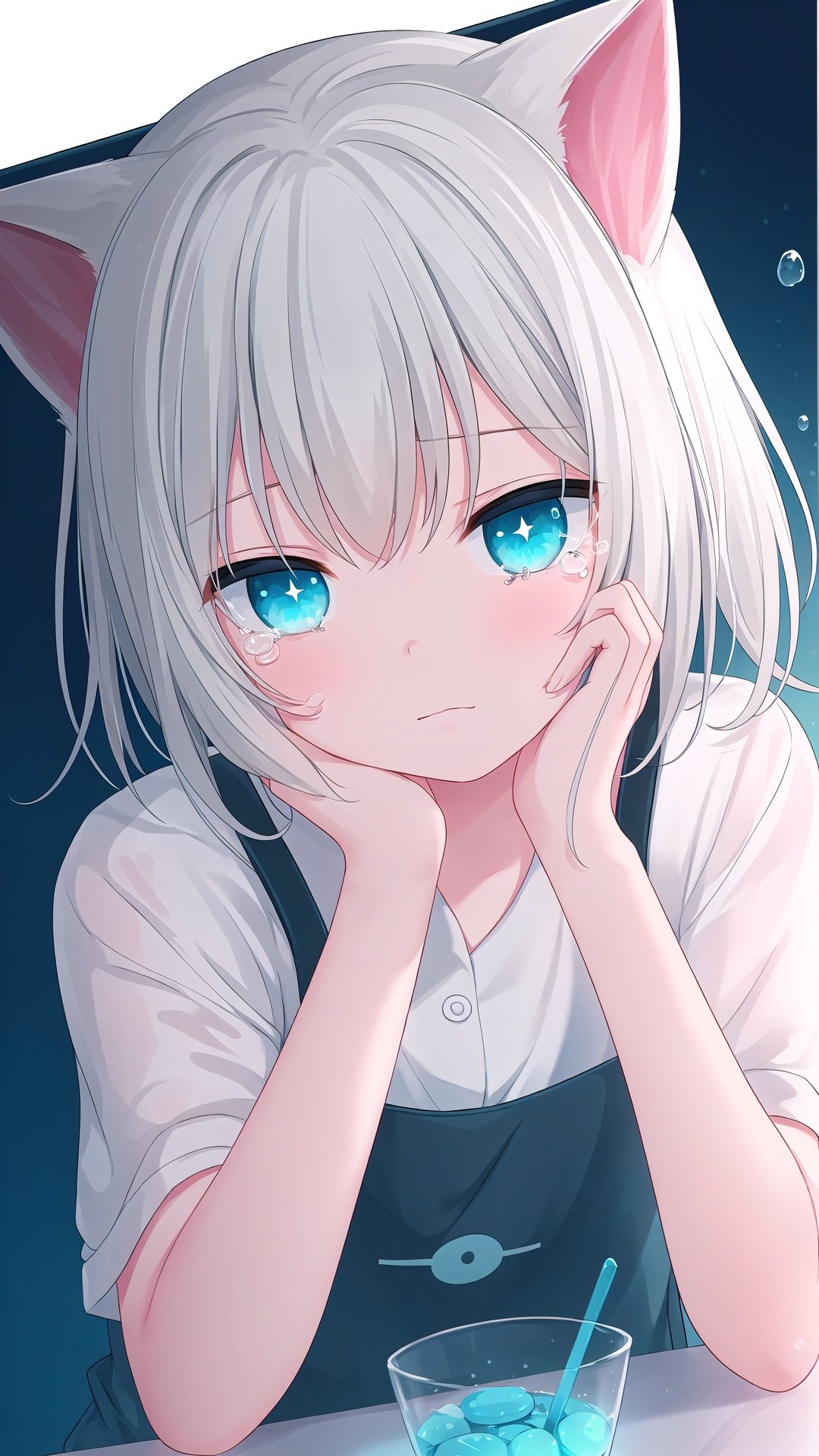 best quality, (chromatic aberration), (beautiful young female:1.4), (streaming tears),sad, (catnip), (catnip), (catnip), looking at viewer, partially submerged, both hands on own cheek, {see-through long shirt},Cat ears, (white hair, short hair, bangs:1.2), (glowing eyes),black background, (prismatic),