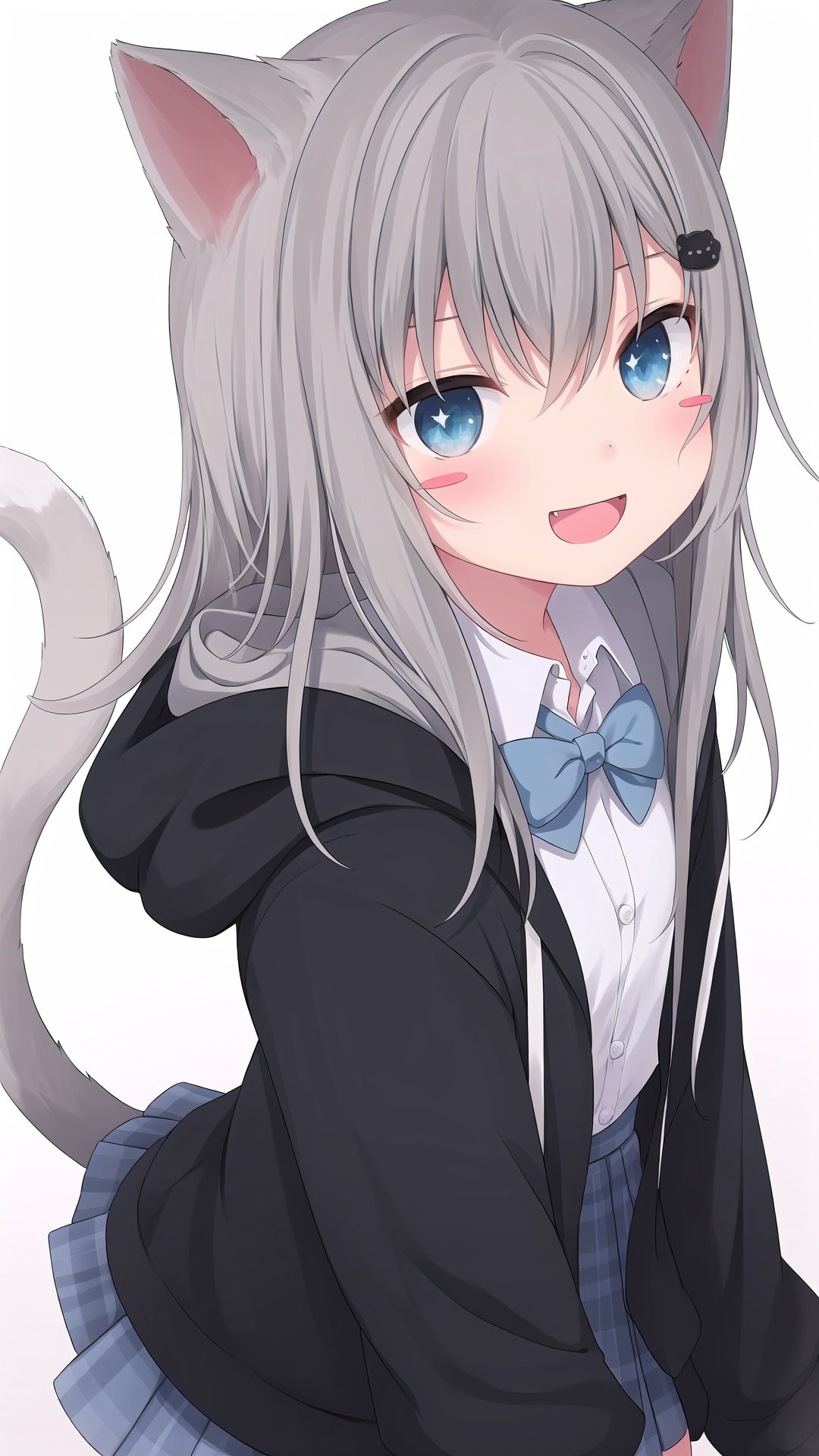 1girl, hood, animal ears, grey skirt, solo, collared shirt, blush stickers, black jacket, hood down, hair ornament, skirt, fang, hooded jacket, bangs, +_+, cat ears, tail, shirt, jacket, grey hair, cat tail, white background, white shirt, blue eyes, sleeves past wrists, depth of field, blue bow, pleated skirt, hair between eyes, bow, smile, blurry foreground, blurry, long hair, hairclip, open mouth, food-themed hair ornament, long sleeves, cat girl, dress shirt, plaid, :d, food, blue skirt, plaid skirt