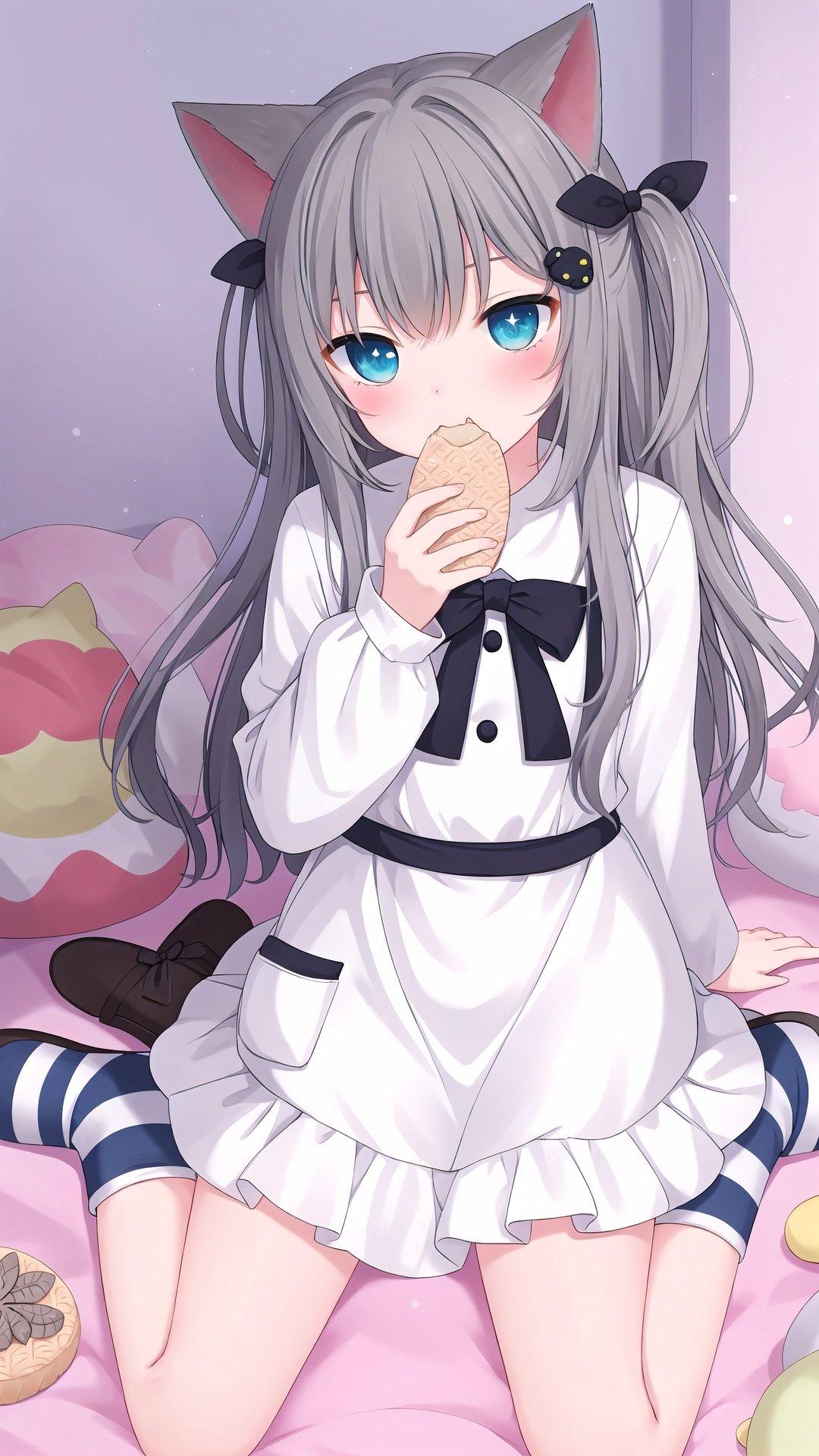 1girl, taiyaki, food, eating, cat ears, wagashi, animal ears, grey hair, wariza, blue eyes, cat girl, sitting, slippers, striped, solo, long hair, bottle, hair ornament, long sleeves, tail, bangs, cat tail, striped socks, holding, looking at viewer, wide sleeves, dress, socks, bow, white dress, virtual youtuber, fang, black bow