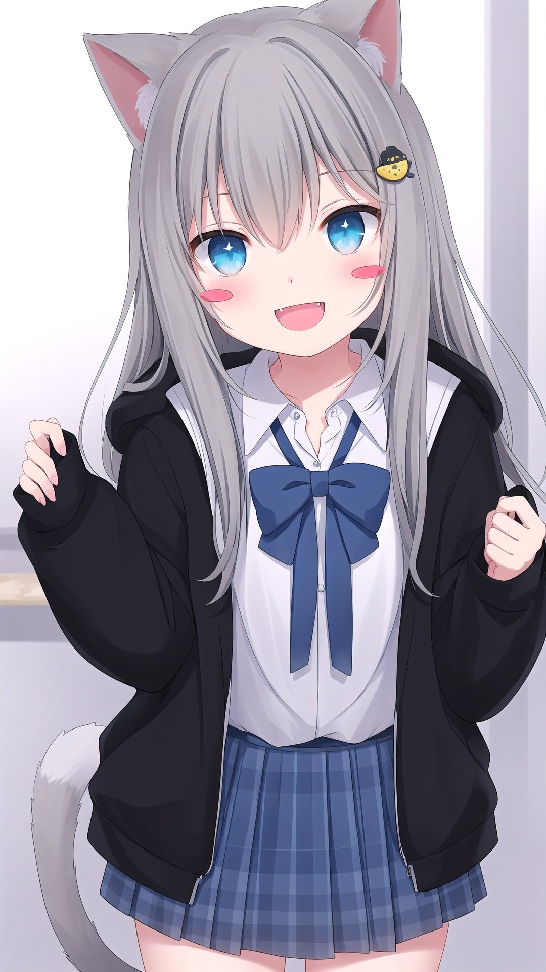 1girl, hood, animal ears, grey skirt, solo, collared shirt, blush stickers, black jacket, hood down, hair ornament, skirt, fang, hooded jacket, bangs, +_+, cat ears, tail, shirt, jacket, grey hair, cat tail, white background, white shirt, blue eyes, sleeves past wrists, depth of field, blue bow, pleated skirt, hair between eyes, bow, smile, blurry foreground, blurry, long hair, hairclip, open mouth, food-themed hair ornament, long sleeves, cat girl, dress shirt, plaid, :d, food, blue skirt, plaid skirt