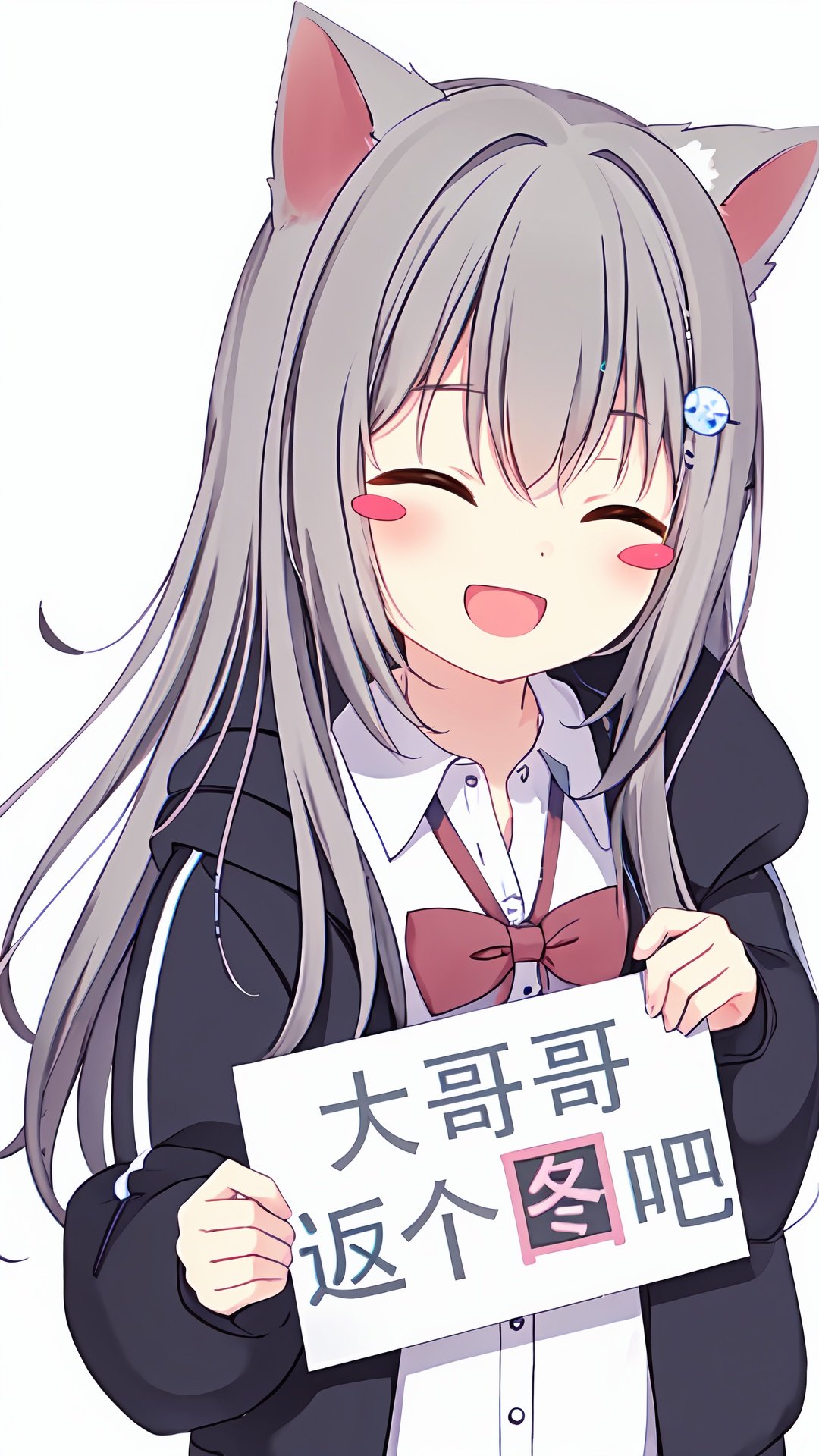  1girl, animal ears, solo, shirt, closed eyes, facing viewer, sleeves past wrists, white shirt, grey hair, blush stickers, holding, hair ornament, cropped torso, bow, long hair, white background, collared shirt, upper body, smile, cat ears, sign, holding sign, bangs, black jacket, simple background, jacket, ^_^, blue bow, :d, open mouth, long sleeves, hair between eyes, hood, hairclip, star (symbol), blush, dress shirt, hood down, romaji text