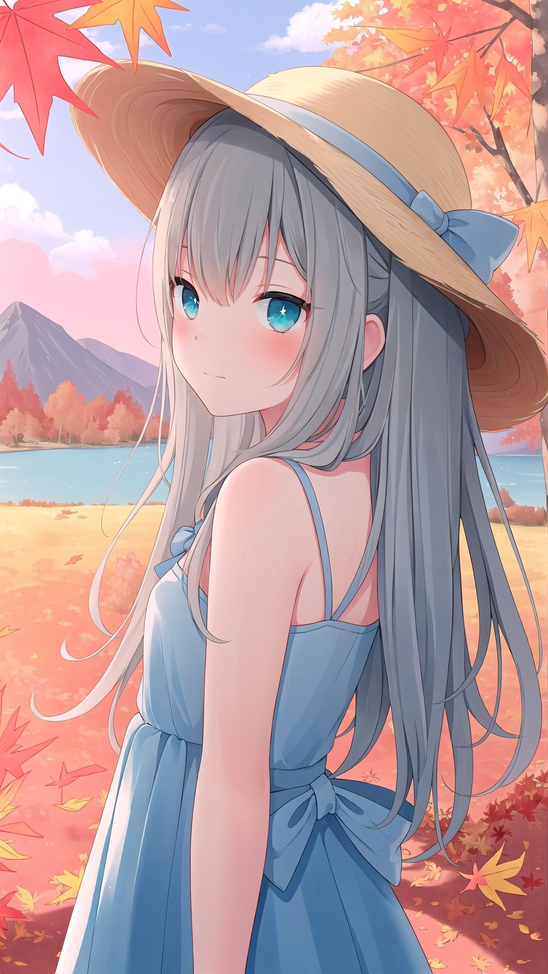 {masterpiece},{best quality},{{illustration}}, (watercolor:1.2), cute 1girl, straw hat,flowers, silver hair, very long hair, aqua eyes, flat chest, closed mouth, faint smile, (blue dress:1.3),bare shoulders,bow, upper body, from side, BREAK, (depth of field:1.4),bare tree,autumn,(autumn leaves:1.4), branch, bare stones,mountains in the distance, lake,cloud, zentangle background,scenery, yellow and red sky,autumn light,