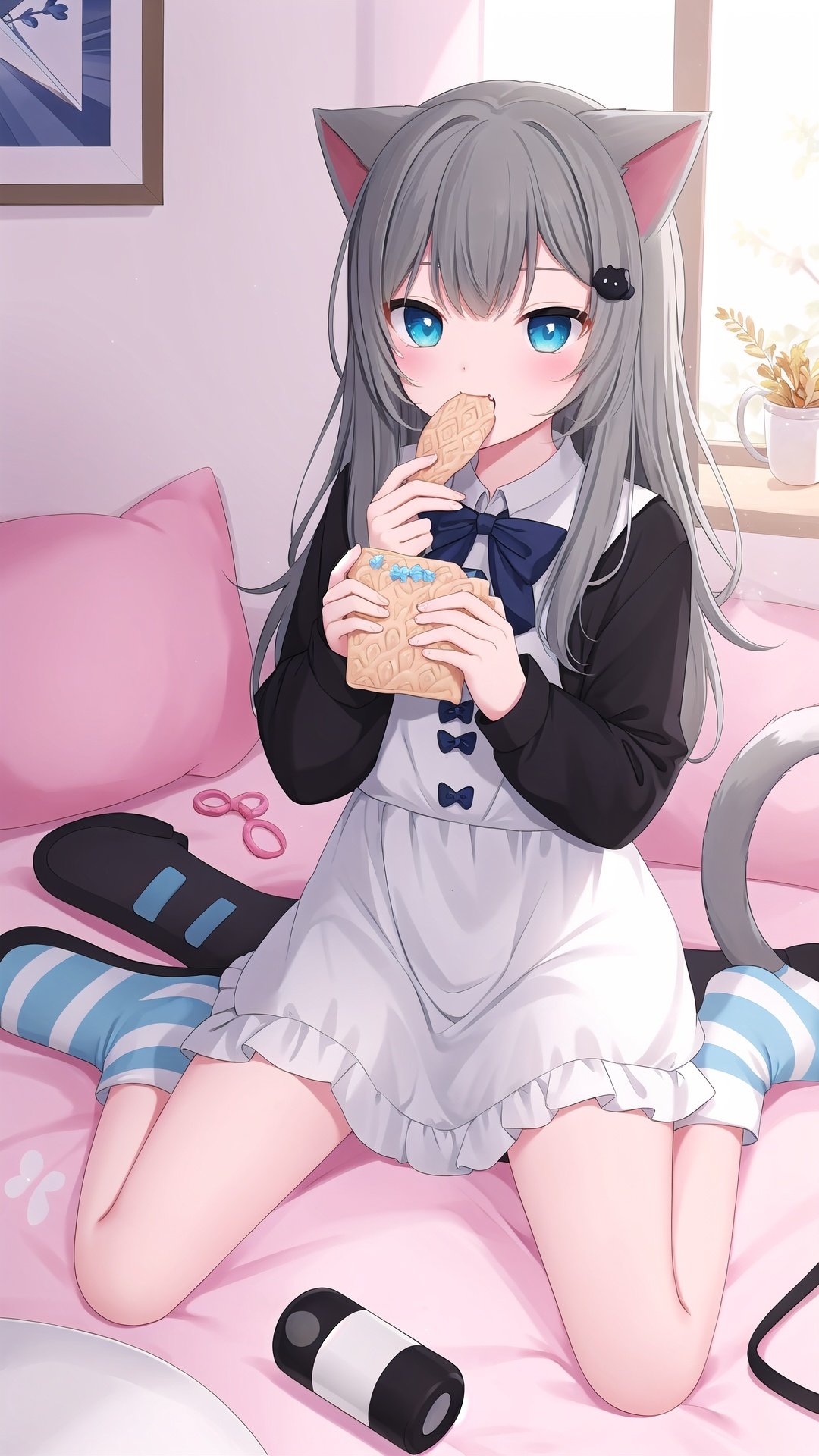 1girl, taiyaki, food, eating, cat ears, wagashi, animal ears, grey hair, wariza, blue eyes, cat girl, sitting, slippers, striped, solo, long hair, bottle, hair ornament, long sleeves, tail, bangs, cat tail, striped socks, holding, looking at viewer, wide sleeves, dress, socks, bow, white dress, virtual youtuber, fang, black bow