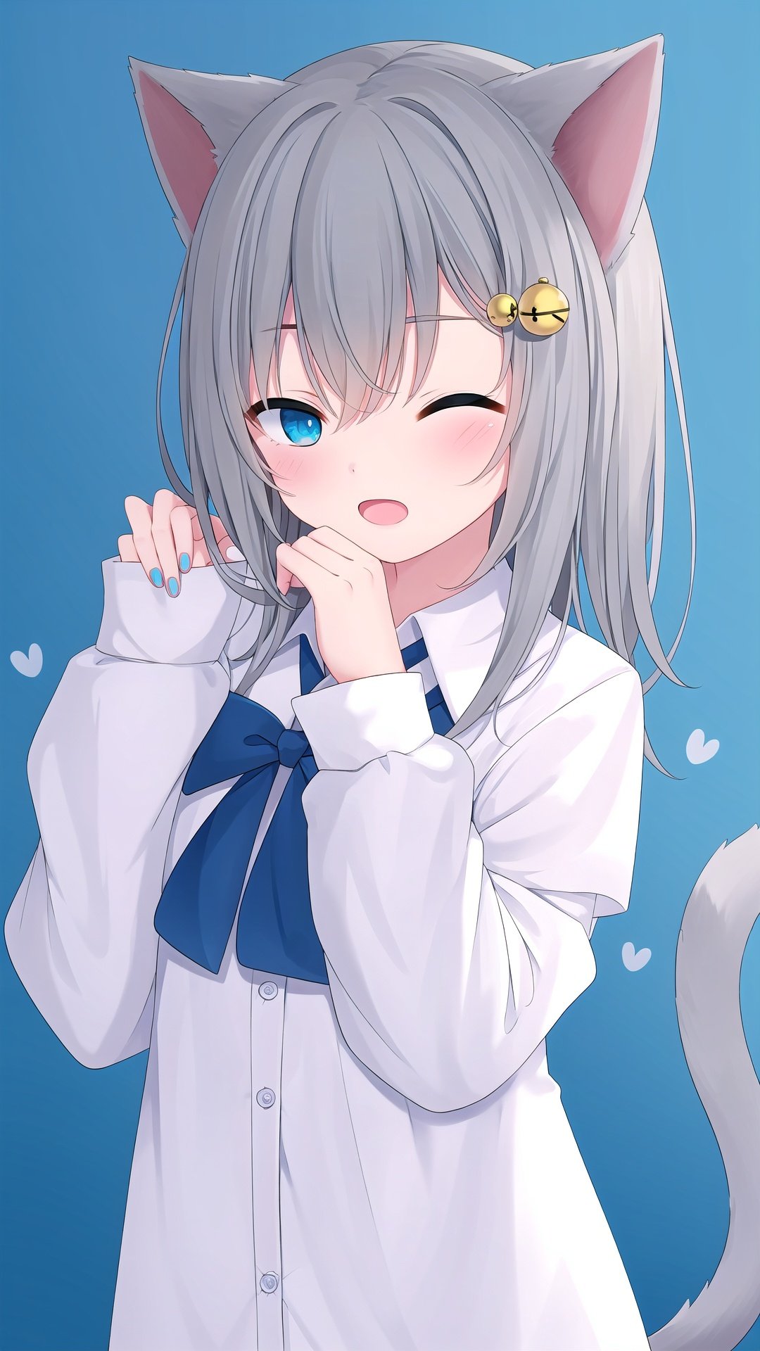 1girl, shirt, cat tail, dress shirt, collared shirt, cat ears, solo, white shirt, sleeves past wrists, cat girl, animal ears, hair ornament, tail, one eye closed, blue eyes, long hair, bangs, long sleeves, grey hair, white background, hand up, open mouth, hair between eyes, rubbing eyes, bell, looking at viewer, blue background, jingle bell, nail polish, hairclip, naked shirt, blush