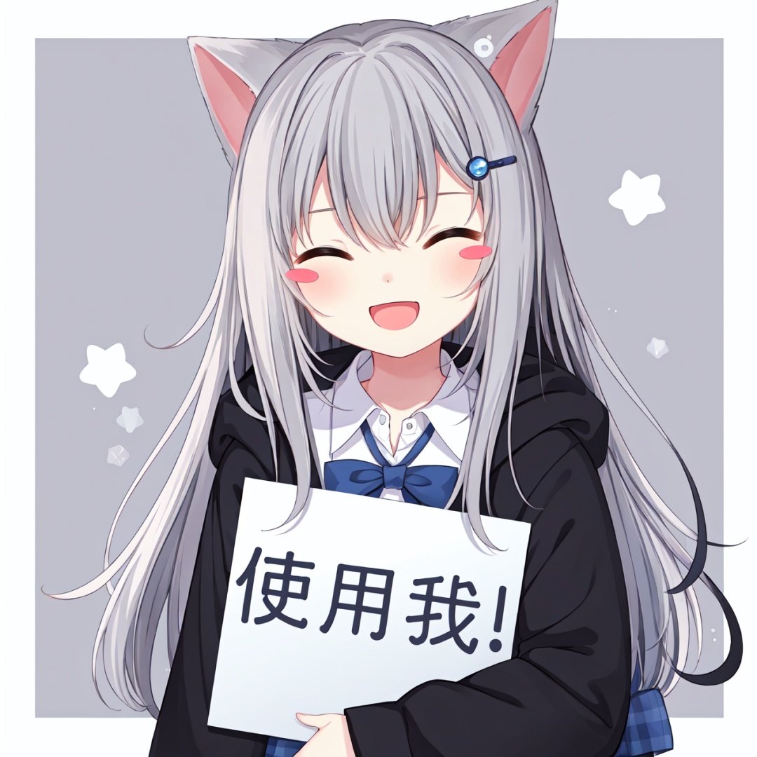  black background, (prismatic),partially submerged, 1girl, animal ears, solo, shirt, closed eyes, facing viewer, sleeves past wrists, white shirt, grey hair, blush stickers, holding, hair ornament, cropped torso, bow, long hair, white background, collared shirt, upper body, smile, cat ears, sign, holding sign, bangs, black jacket, simple background, jacket, ^_^, blue bow, :d, open mouth, long sleeves, hair between eyes, hood, hairclip, star (symbol), blush, dress shirt, hood down, romaji text,