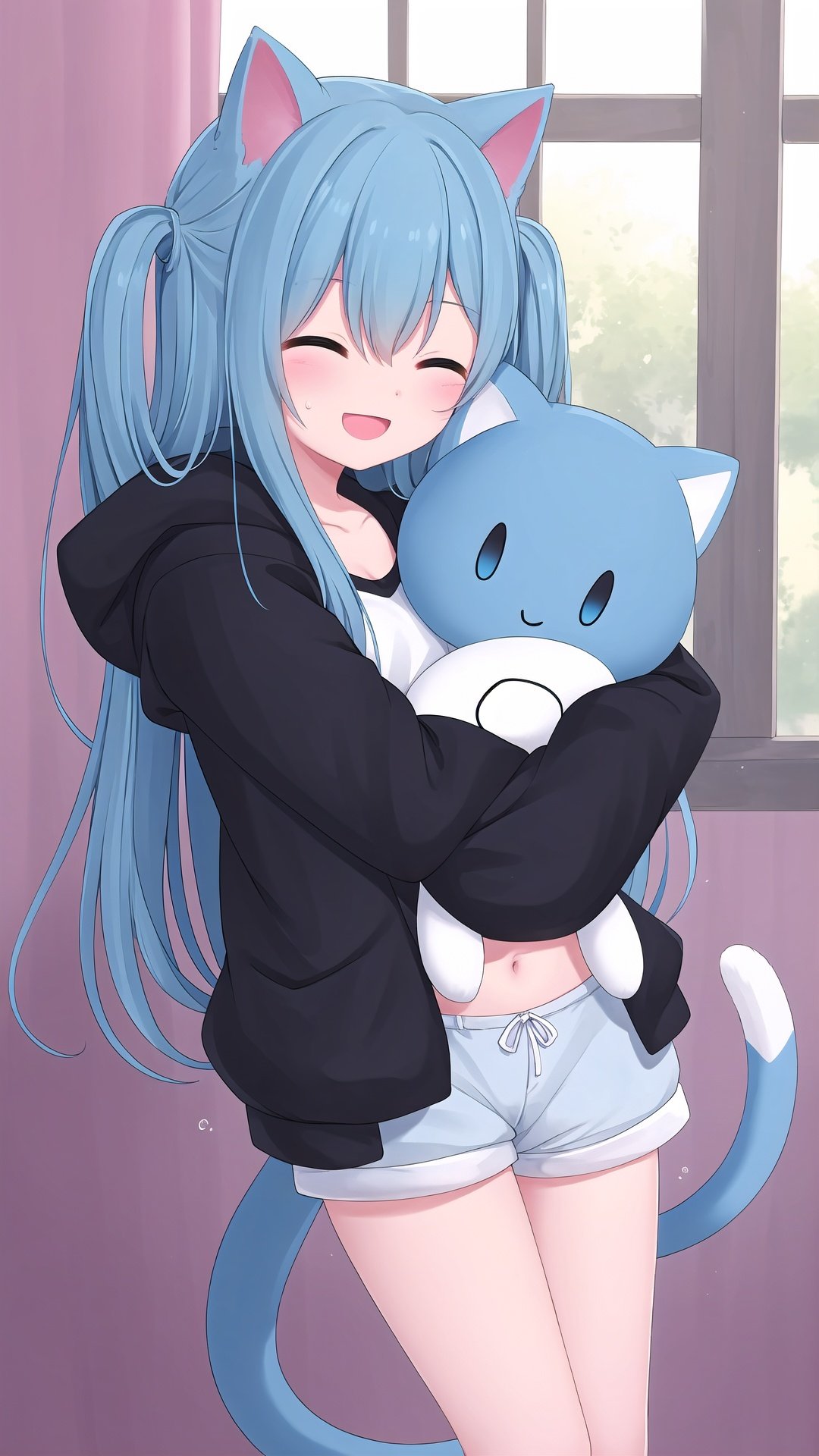 hood down, black jacket, 1girl, animal ears, sleeves past wrists, jacket, hooded jacket, blue hair, cat ears, hood, cat girl, white camisole, stuffed cat, closed mouth, tail, multiple views, camisole, cat tail, striped shorts, barefoot, flying sweatdrops, ^_^, short shorts, blue eyes, long hair, stuffed toy, shorts, long sleeves, closed eyes, blush, bangs, stuffed animal, flower, very long hair, holding flower, one side up, holding, holding stuffed toy, hair between eyes, navel, smile, open jacket, open clothes, striped, :d, white flower, collarbone, puffy sleeves, puffy long sleeves, object hug, open mouth, bare legs, standing