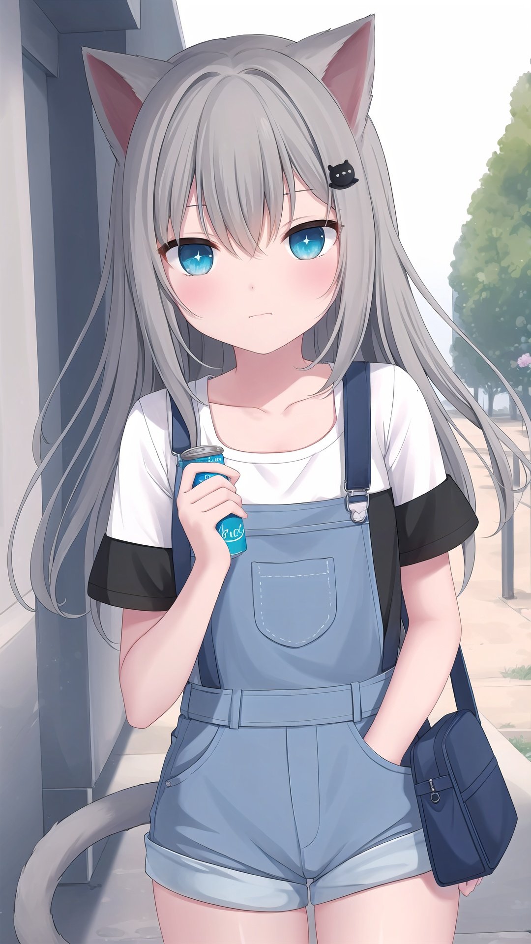 1girl, shoulder bag, animal ears, overalls, solo, holding can, shirt, tail, bangs, can, grey hair, bag, blue eyes, hair ornament, overall shorts, long hair, short sleeves, black shirt, cat ears, looking at viewer, holding, cat tail, collarbone, hairclip, hair between eyes, heart, cat girl, blush, eyebrows hidden by hair, holding strap