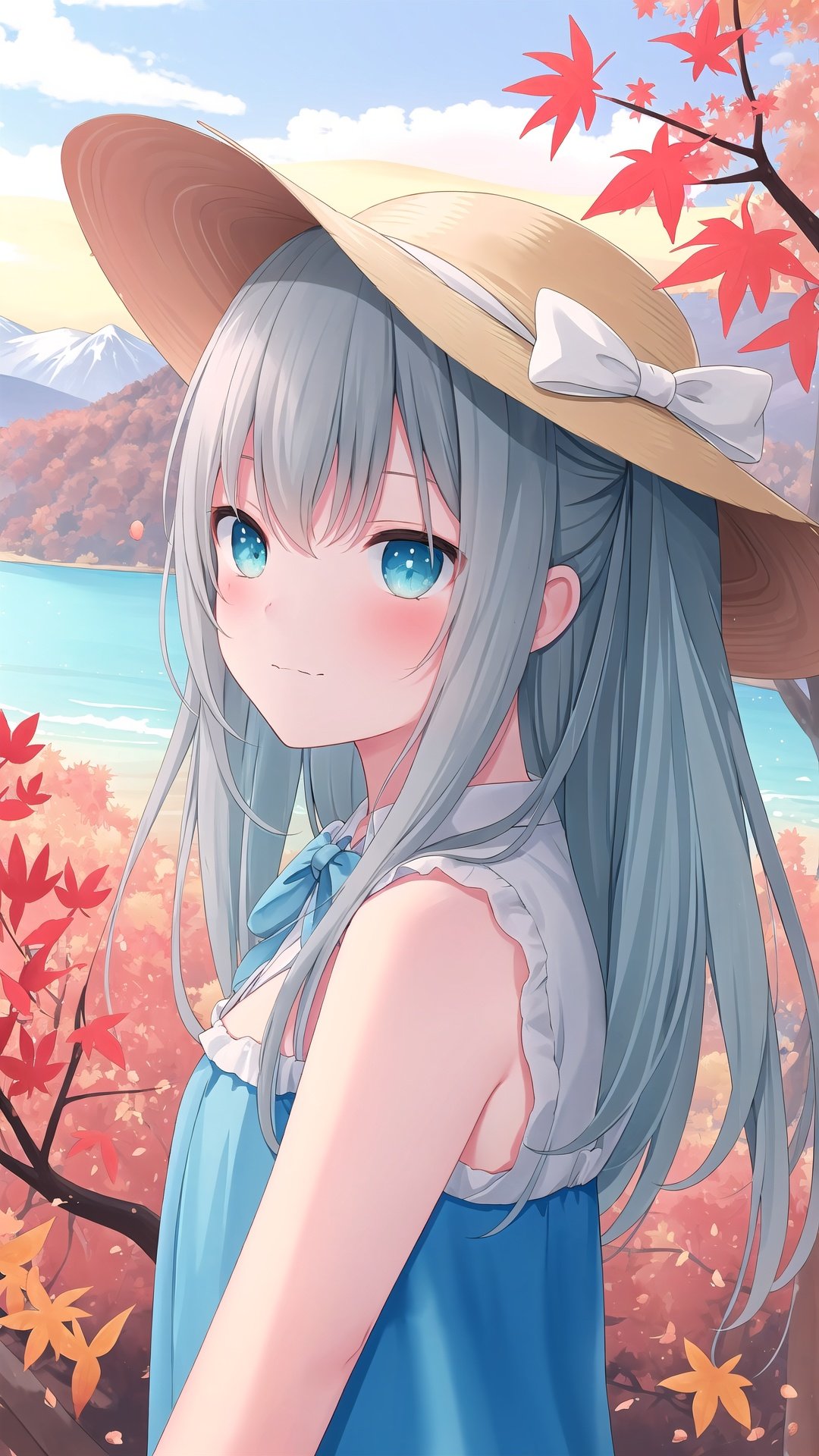 {masterpiece},{best quality},{{illustration}}, (watercolor:1.2), cute 1girl, straw hat,flowers, silver hair, very long hair, aqua eyes, flat chest, closed mouth, faint smile, (blue dress:1.3),bare shoulders,bow, upper body, from side, BREAK, (depth of field:1.4),bare tree,autumn,(autumn leaves:1.4), branch, bare stones,mountains in the distance, lake,cloud, zentangle background,scenery, yellow and red sky,autumn light,