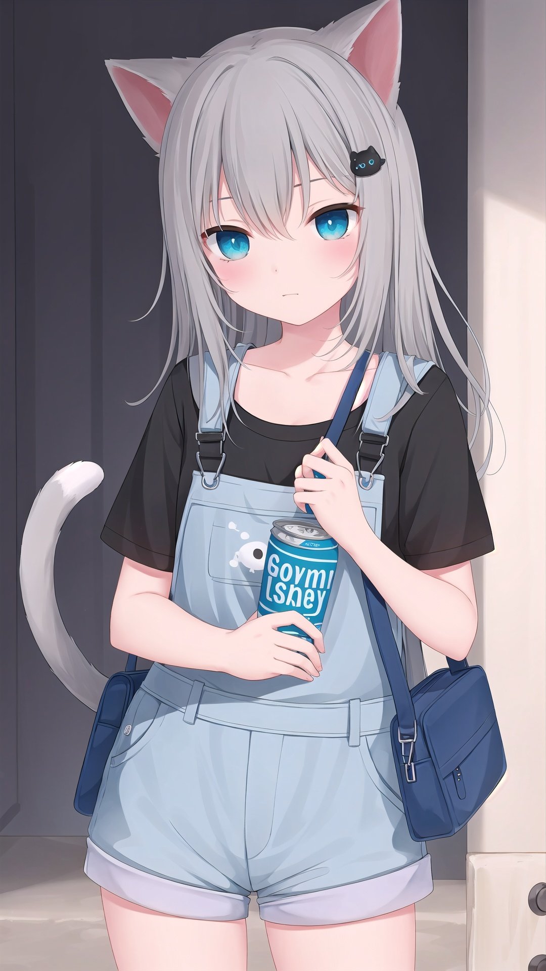 1girl, shoulder bag, animal ears, overalls, solo, holding can, shirt, tail, bangs, can, grey hair, bag, blue eyes, hair ornament, overall shorts, long hair, short sleeves, black shirt, cat ears, looking at viewer, holding, cat tail, collarbone, hairclip, hair between eyes, heart, cat girl, blush, eyebrows hidden by hair, holding strap