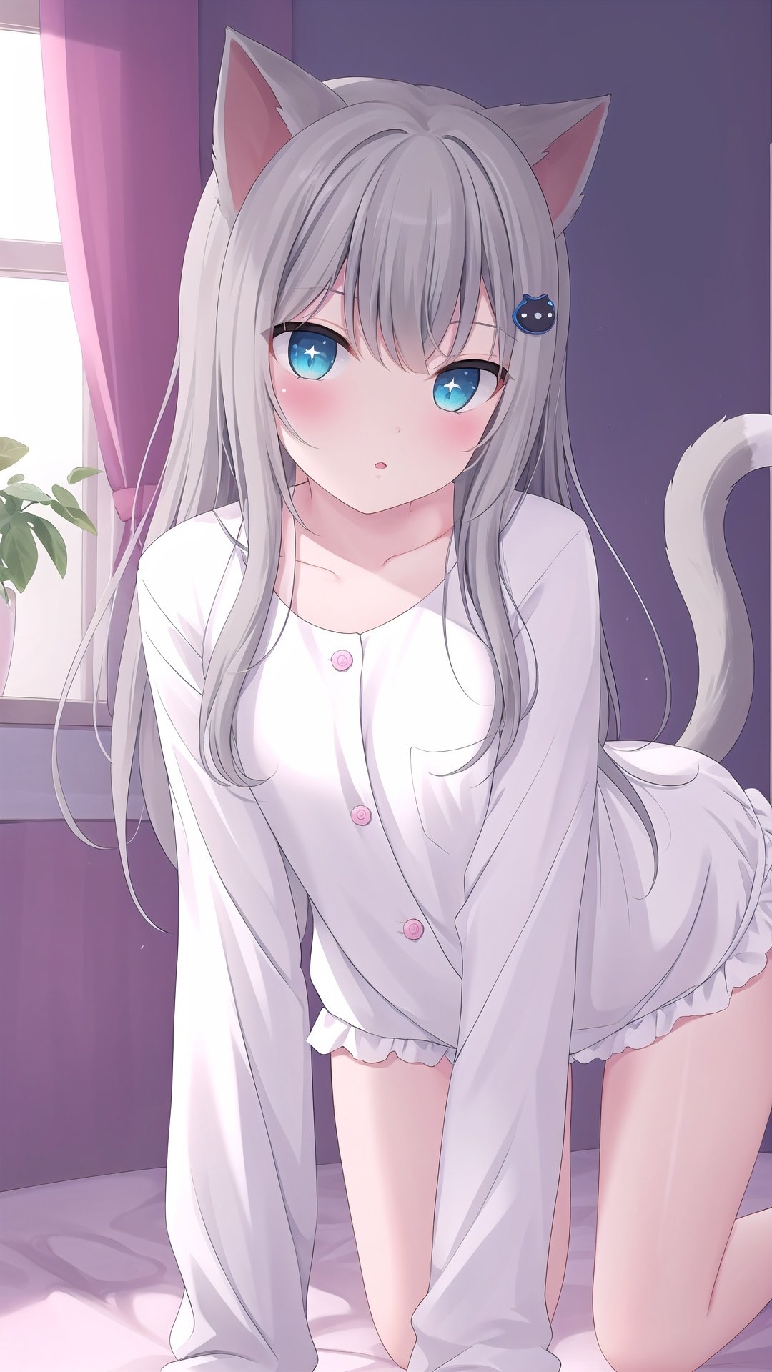 1girl, cat ears, animal ears, tail, cat tail, shirt, underwear, blue eyes, looking at viewer, grey hair, long hair, cat girl, sleeves past wrists, white shirt, long sleeves, bangs, parted lips, blush, all fours, bloomers, clock, solo, hair ornament, virtual youtuber, panties, sleeves past fingers, white panties, feet out of frame