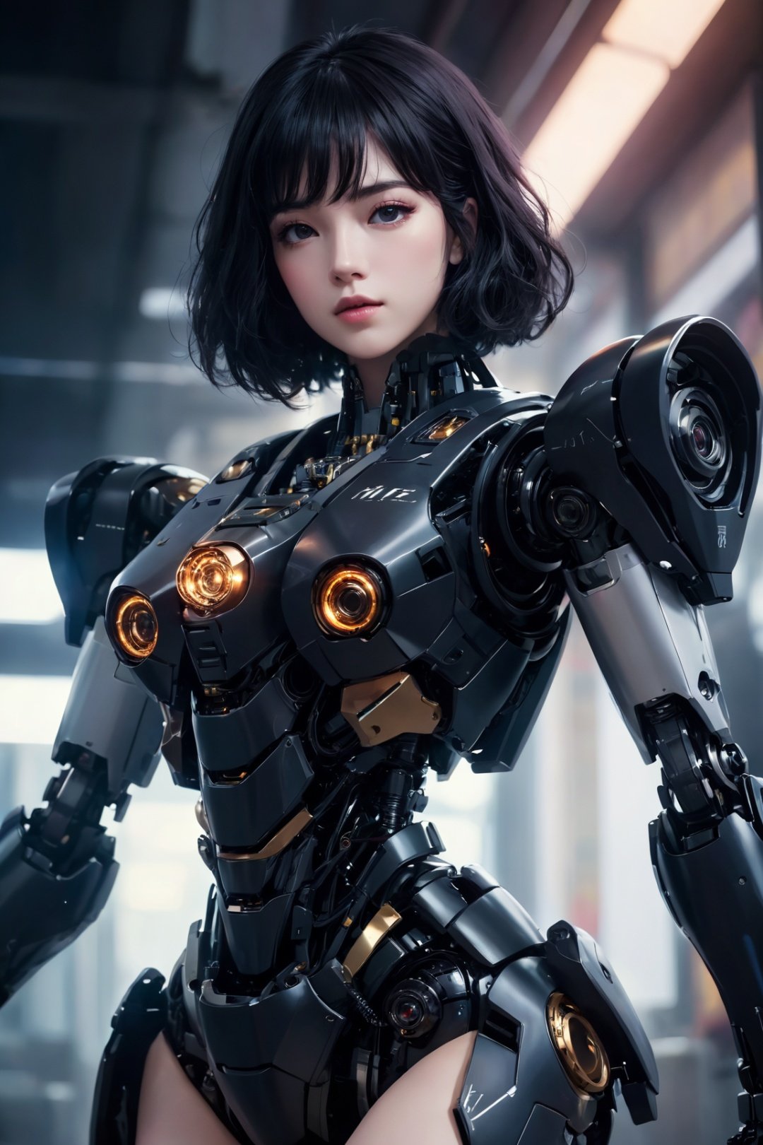  centered, upper body, masterpiece, | 1girl, solo, beautiful face, pale skin, (black hair), medium hair, full body, robotic legs, robotics arms, robotic body, robotic hands, futiristic, robotic, mechanical, armored, sitting, pure face, (black robotic body), mecha, | bokeh, depth of field, vaporwave colors scheme, coocolor, 11