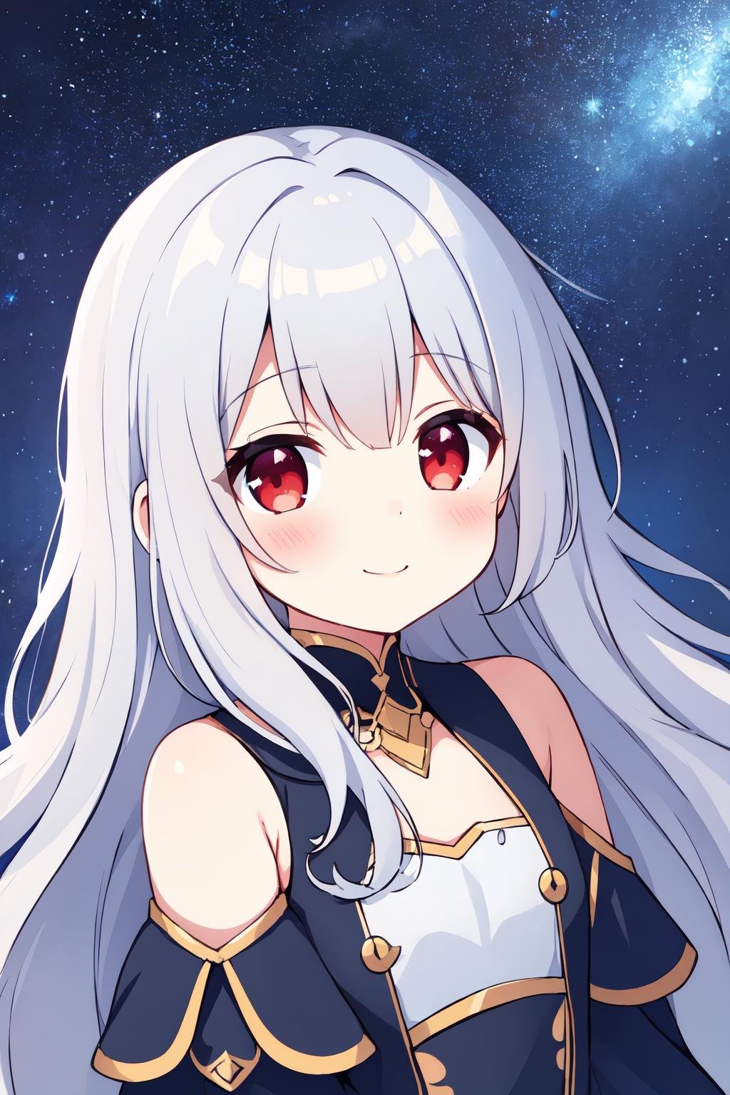 masterpiece, best quality, 1girl, solo, long hair, wavy hair, silver hair, red eyes, flat chest, dress, fantasy, light smile, blush,portrait, starry sky, 