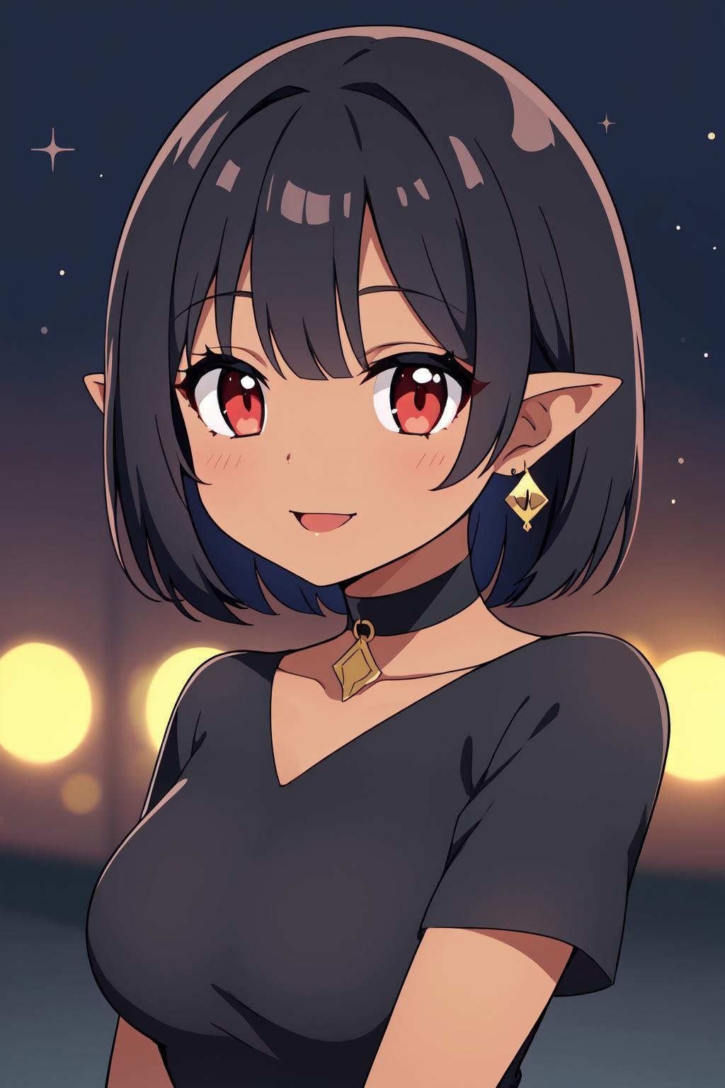 masterpiece, best quality, 1girl, mature female, anime screencap,short hair, wavy hair, black hair, red eyes, dress, swept bangs, medium breasts, choker, dark skin, earrings, pointy ears, makeup, smile,depth of field, portrait, night, bokeh,