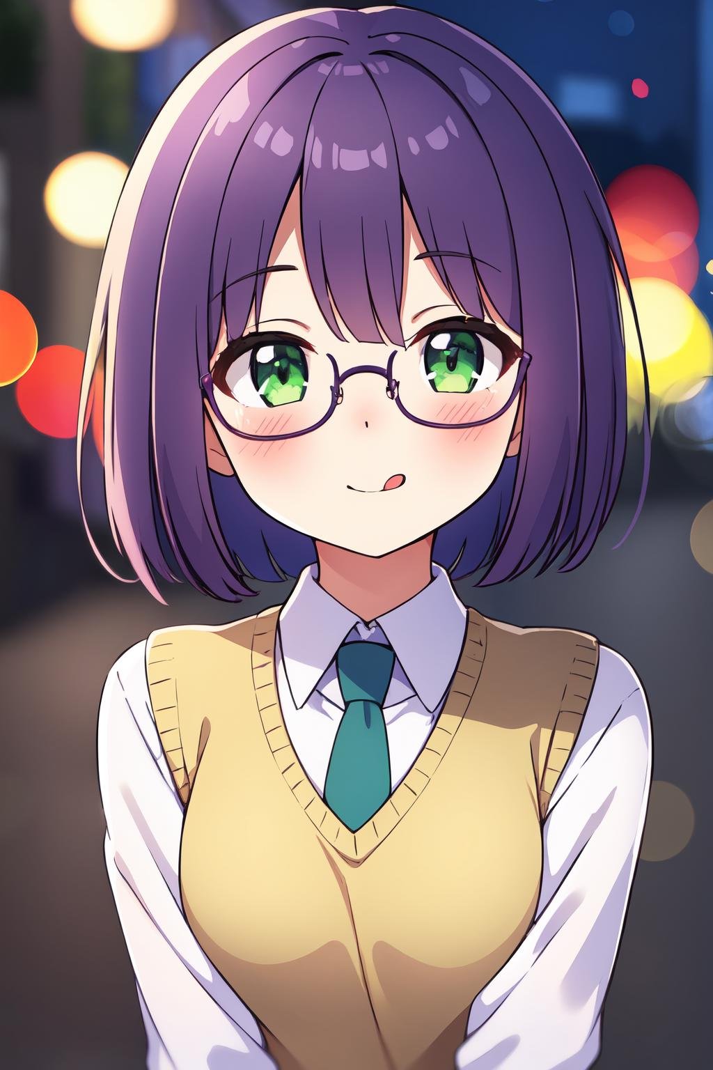 masterpiece, best quality, 1girl, solo,short hair, purple hair, green eyes, flat chest, white shirt, necktie, smile, glasses, nose blush, tongue out, sweater vest,night, street, bokeh, blurry background, portrait,