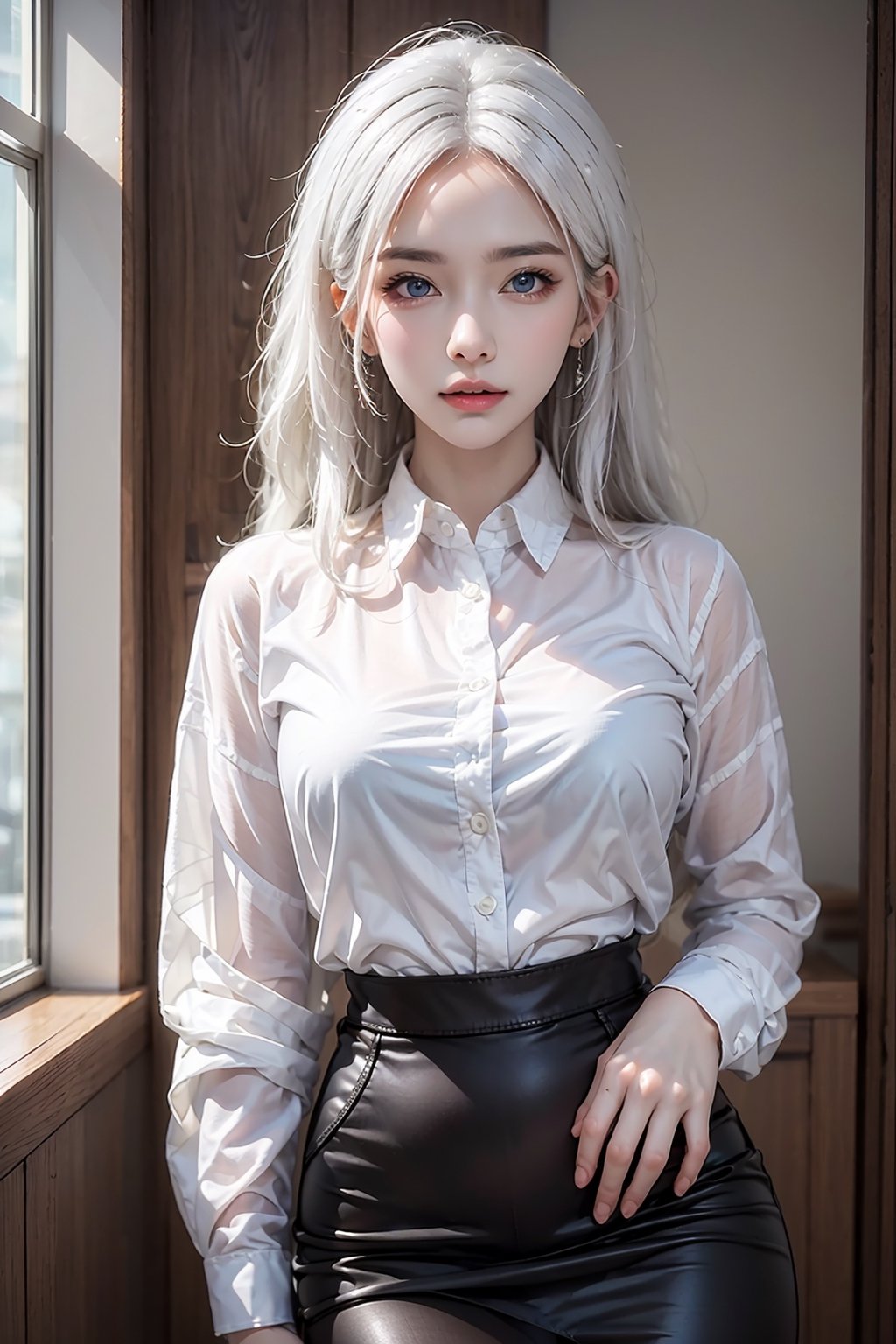 high resolution, 1women, solo, shining skin, jewelry, híp up, white hair, blue eyes, secretary, shirt, black pencil skirts