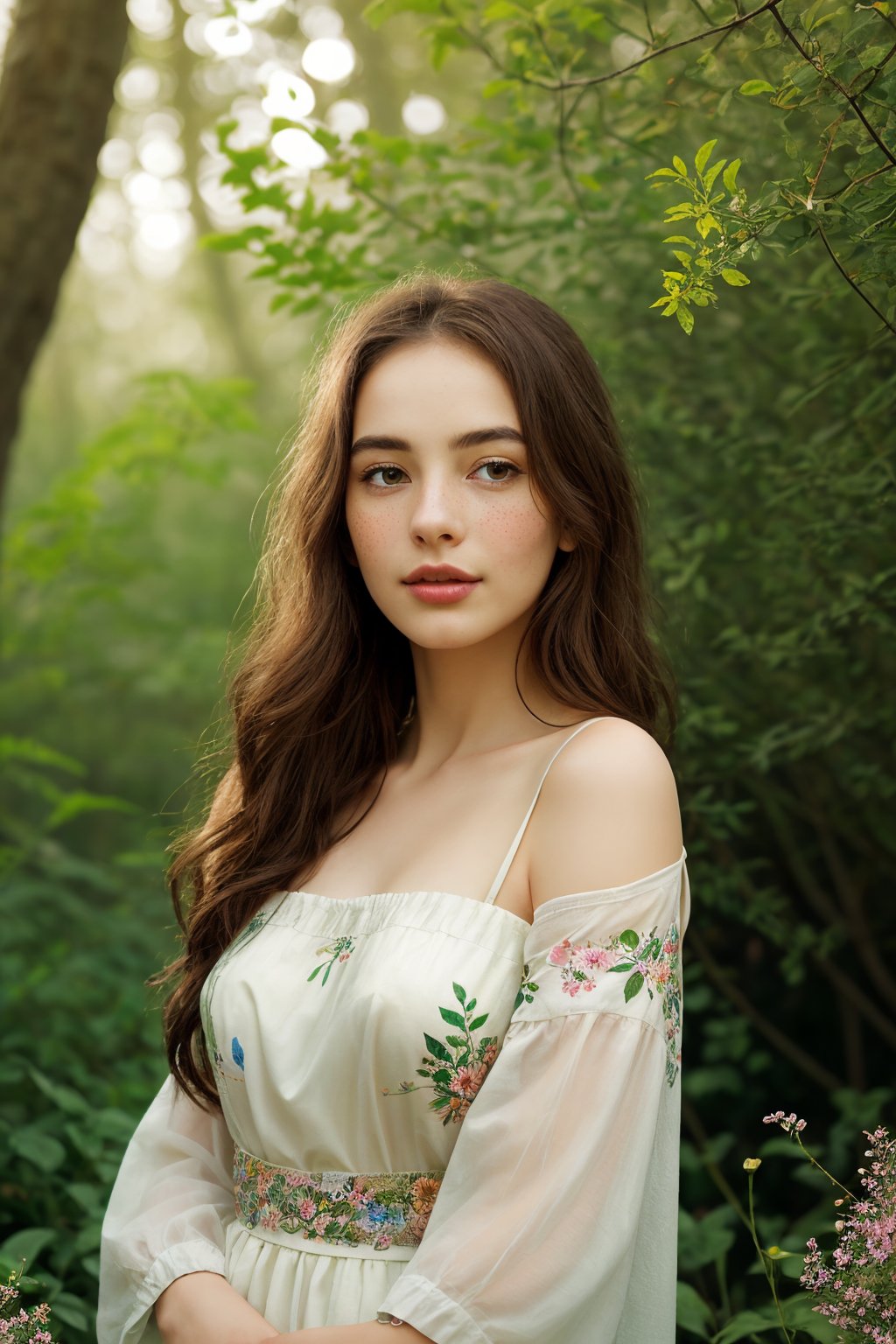 (best quality, realistic:1.37), oil painting, greenery, soft light, peaceful atmosphere,  2d illustration, detailed drawing, dreamy expression, magical garden, lovely freckles, Natural sunlight, delicate skin texture, long brown hair, gentle breeze, enchanted surroundings, subtle shadows, fairy tale vibes, vibrant foliage, graceful posture, serene mood, sparkling dewdrops, harmonious blend of colors, eye-catching contrast, whimsical elements, fantasy setting, hidden treasures, tranquil ambiance, playful butterflies, sing in harmony, blissful harmony, nurturing environment, serenity and tranquility, joyful and carefree spirit, colorful wildflowers, peaceful oasis, calm and serene pose, dainty floral patterns, stunning details, <lora:EMS-59722-EMS:0.800000>