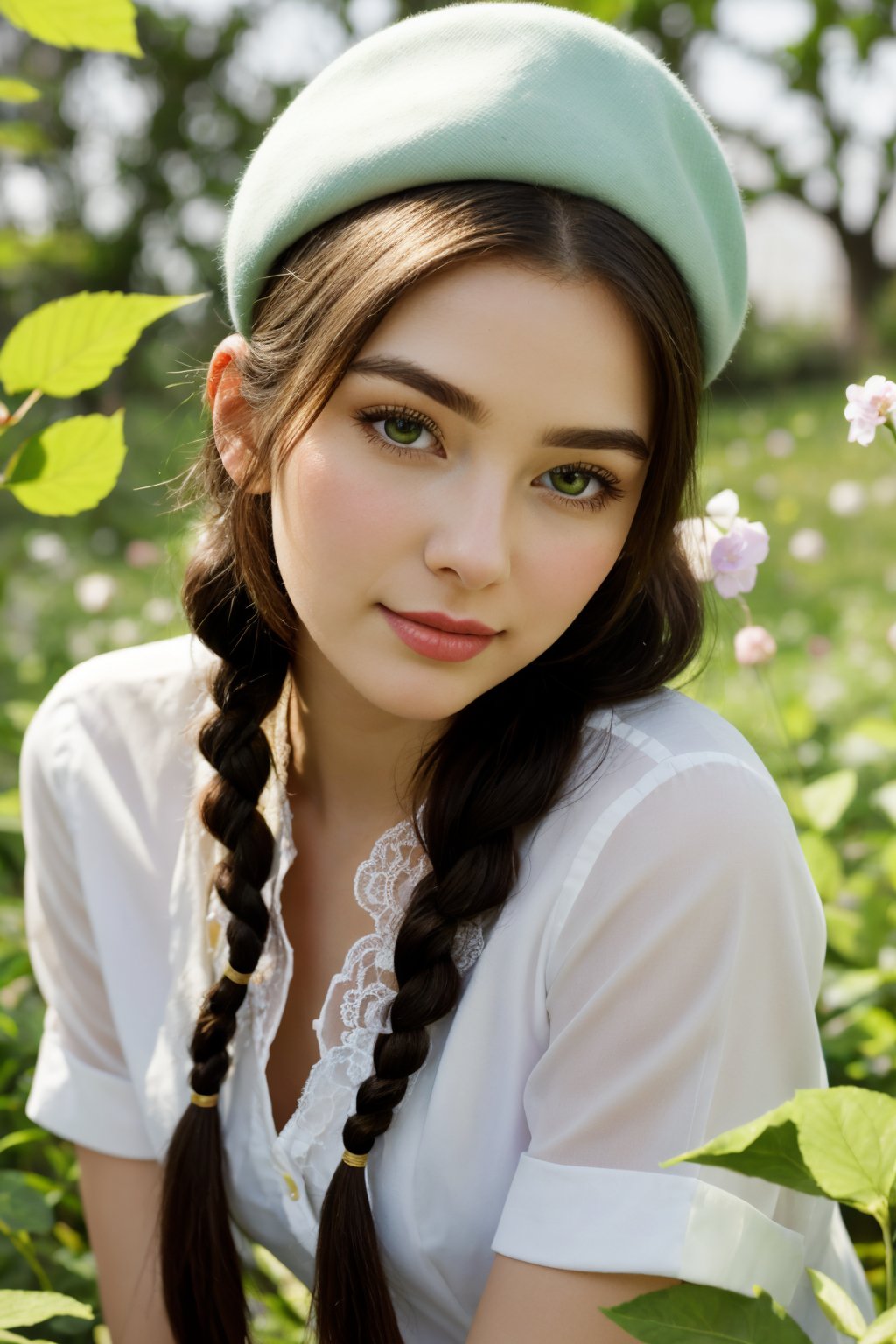 (best quality, 4k, highres, masterpiece:1.2), ultra-detailed, realistic,  portraits, spring garden, beautiful detailed eyes, beautiful detailed lips, extremely detailed face, long eyelashes, soft and serene lighting, gentle breeze, colourful flowers, green grass, peaceful atmosphere, tranquil expressions, twin braids, stunning mint green hair, crisp white beret, elegant white shirt with delicate floral patterns, feminine flower necktie, delicate lace details, faint scent of blooming flowers, golden sunlight filtering through leaves, dappled shadows dancing on the ground, whispering leaves, joyful birdsong, dainty butterflies fluttering around, graceful posture, bright and vibrant colours, relaxing picnic in the garden, enjoying the beauty of nature, blissful moments captured, every detail carefully crafted by an artist's hand., <lora:EMS-59722-EMS:0.800000>