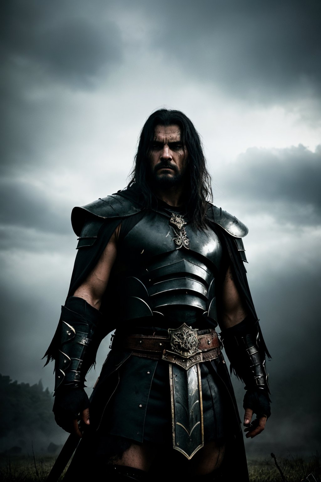 (best quality, 4k, 8k, highres, masterpiece:1.2), ultra-detailed, dark fantasy, warrior, a man, dirty black hair and beard, detailed black armor, large sword, ominous atmosphere, shadowy background, sinister lighting, heavy metal, gritty textures, mystical aura, foreboding presence, mysterious eyes, menacing expression, intense gaze, weathered battle scars, evil enchantment, epic battle scene, thunderous skies, eerie mist, sharp focus, intimidating stance, dangerous warrior energy, ancient symbols, enchanted amulet, heroic proportions, mythical creatures, ominous clouds, ragged cape, menacing silhouette, demonic presence, dreadful power, dark magic, ferocious combat, noble warrior spirit, majestic yet brooding, empowered by darkness, commanding presence, unyielding strength, intense battle cries, extreme detail description, realistic, photorealistic:1.37, <lora:EMS-59722-EMS:0.800000>