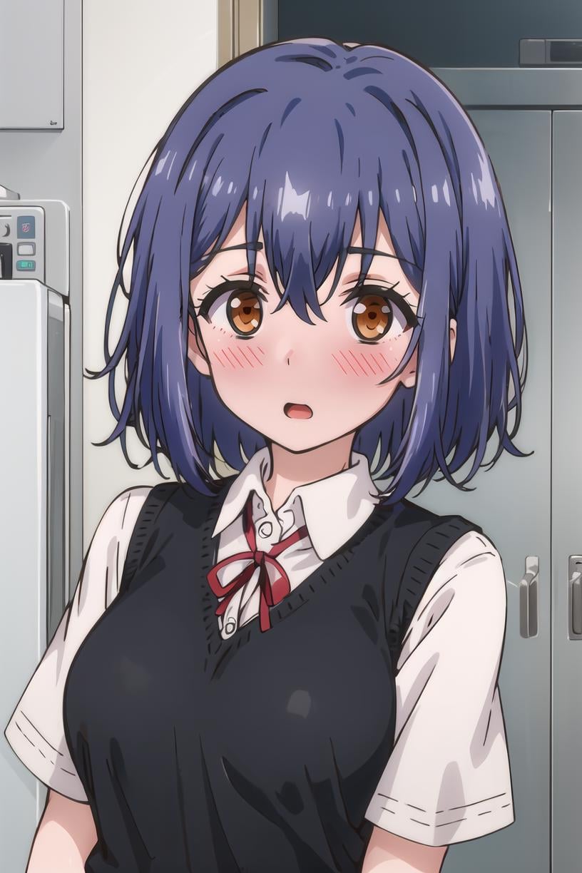 <lora:Suzu_LM-V2:1> suzudef, blue hair, brown eyes, short hairneck ribbon, upper body, looking at viewer, school uniform, red ribbon, blush, short sleeves, collared shirt, medium breasts, bangs, open mouth, sweater vest, hair between eyes, black sweater, masterpiece, best quality,  