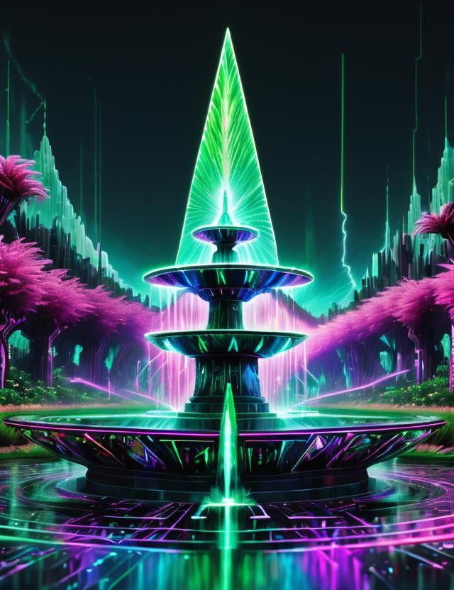 ((best quality)), ((masterpiece)), ((realistic,digital art)), (hyper detailed),holographic hologram DonMCyb3rSp4c3 Village Ridge,Water Fountain,Cattail,Force Lightning,<lora:DonMCyb3rSp4c3-000010:1>