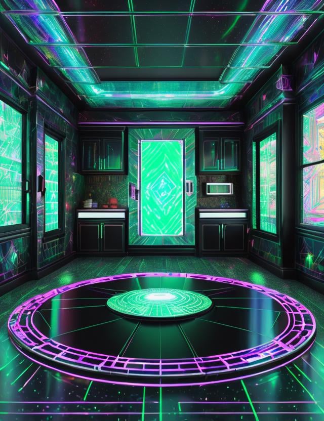 ((best quality)), ((masterpiece)), ((realistic,digital art)), (hyper detailed),holographic hologram DonMCyb3rSp4c3 Community Hall, Oven/Stove,Shelves,Dryer, Diorite stone, Track Lighting, Under-Cabinet Lighting,<lora:DonMCyb3rSp4c3-000010:1>