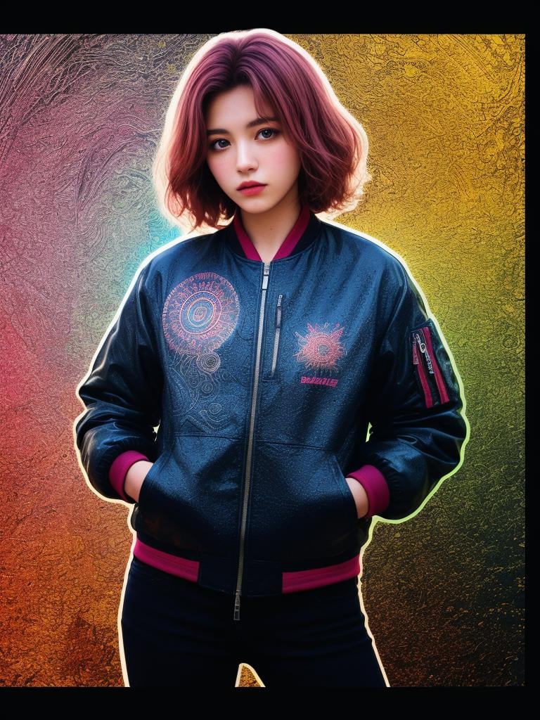 adobe lightroom, electric pink splash, award winning, Warm Colors, DayGlo outlines, Highres, Romanian girl, she is Biomorphic, Templar, in Bomber jacket designed by Warner Brothers, icon style, Folded Copper, pixiv, Zentangle, <lora:detail_slider_v4:2>