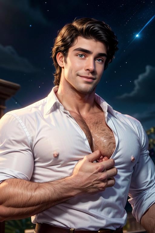 prince_eric, solo, smile, muscular, hairy chest, veiny arms, big forearms, shirt, black hair, 1boy, white shirt, upper body, male focus, sky, t  collared shirt, black eyes, night,  thick eyebrows, star (sky) <lora:add_detail:1>,  <lora:prince_eric:0.65>