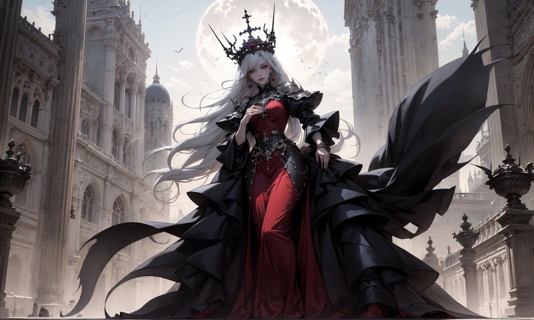 1girl，solo，White hair, White hair, Gothic architecture, palaces, thrones, halls,spiderqueen,spider monster,IM-Rysj,full body,conceptual design,queen like,crown of thorns,glowing red eyes,otherworldly beings,strong sense of light, intricate use of hatching,painted by MichaelCTY(Chang Ting Yu),in the style of Dark SoulⅢ::3,dark fantasy,masterpiece,best quality,ultra detailed,photorealistic,realistic,photography,1girl,solo,crown,earrings,pearls and jewels,full body,long fingernails, night, moon，A shot with tension，(sky glows red,Visual impact,giving the poster a dynamic and visually striking appearance:1.2),<lora:md:0.6>