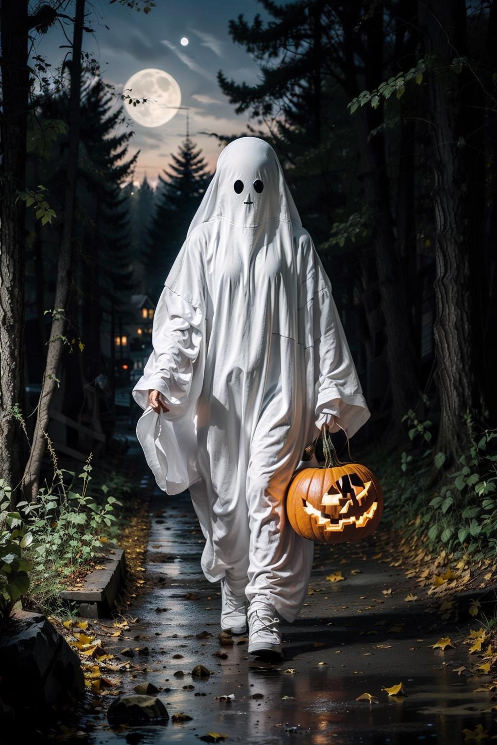 masterpiece,best quality,ultra-detailed,photorealistic,realistic,photography,1girl,ghost,ghost costume,pumpkin,forest,night,moon,<lora:幽灵装:0.7>,