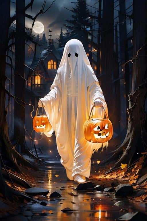 masterpiece,best quality,ultra-detailed,photorealistic,realistic,photography,1girl,ghost,ghost costume,pumpkin,forest,night,moon,<lora:md-000009:0.7>,