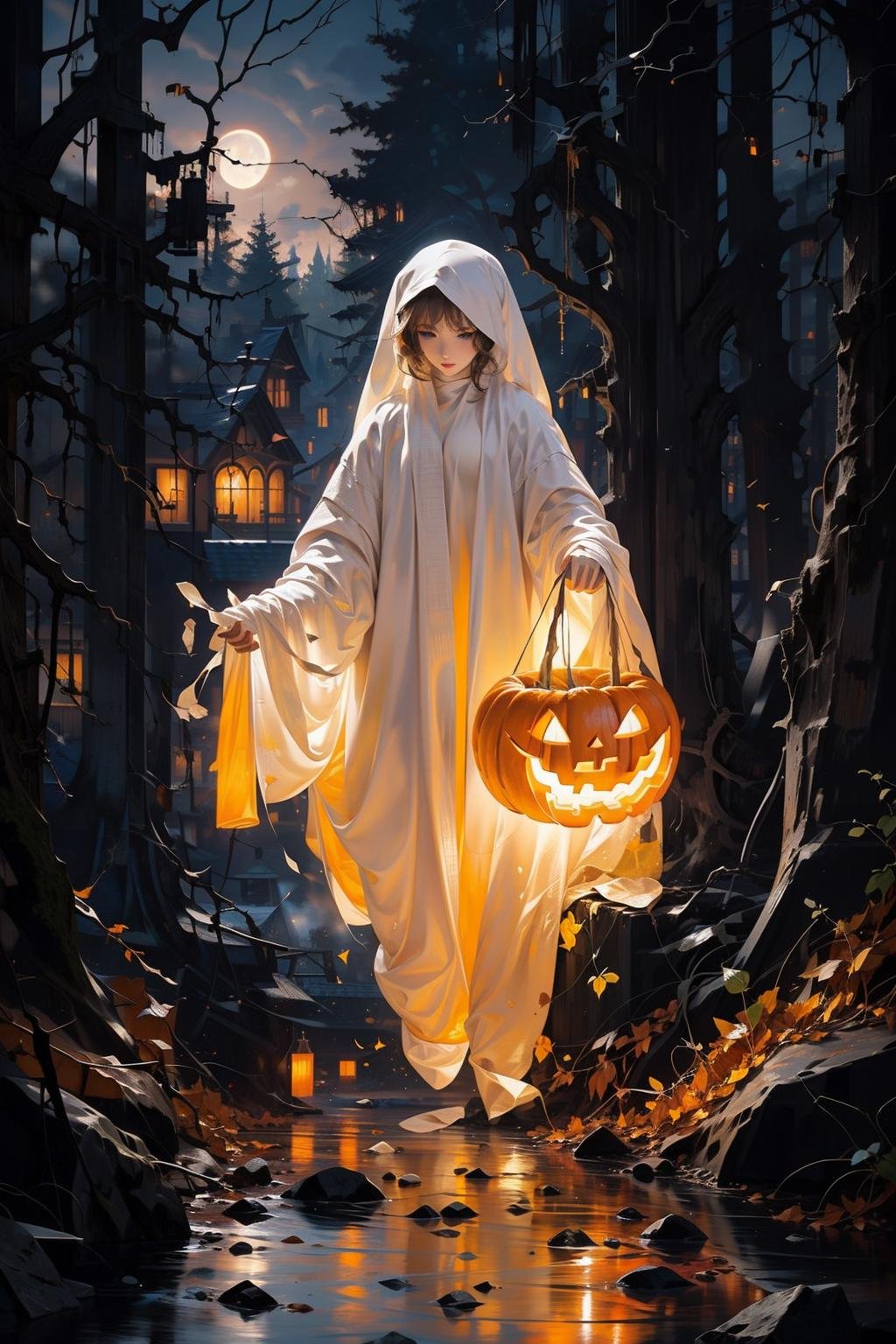 masterpiece,best quality,ultra-detailed,photorealistic,realistic,photography,1girl,ghost,ghost costume,pumpkin,forest,night,moon,<lora:幽灵装:0.7>,