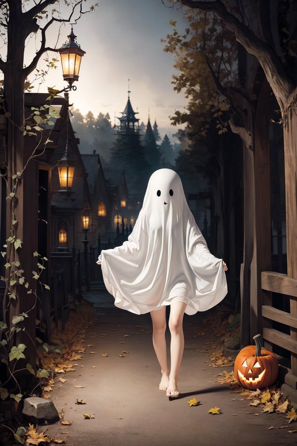 ((masterpiece)), (best quality), official art, extremely detailed CG, unity 8k wallpaper, ghost, ghost costume, pumpkin, halloween, night, forest, old house, horror, (bat \(animal\),:1.3) wind, 1girl, (face:1.2), european girl, barefoot, panties, (blood:1.2),  <lora:md:0.7>