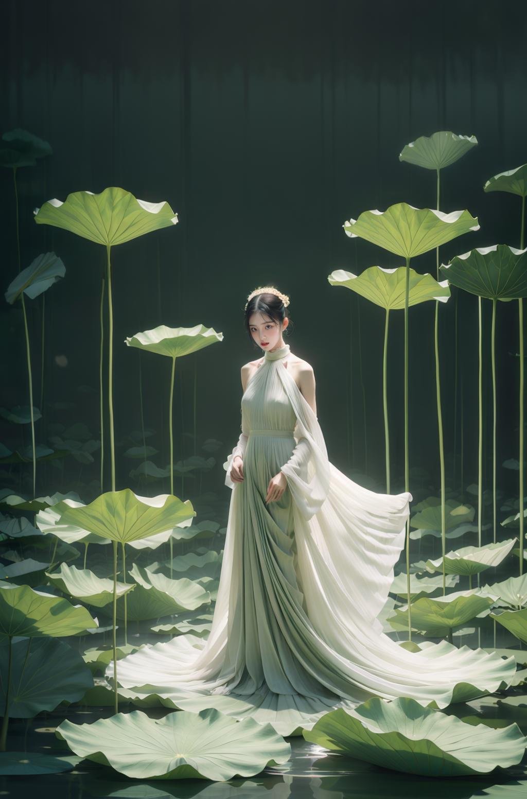 best quality,realistic,masterpiece,Highly detailed,HDR,UHD,8K,1girl,green theme,<lora:xuannv_20230816151843-000009:0.7>,white dress,lotus,flower,water