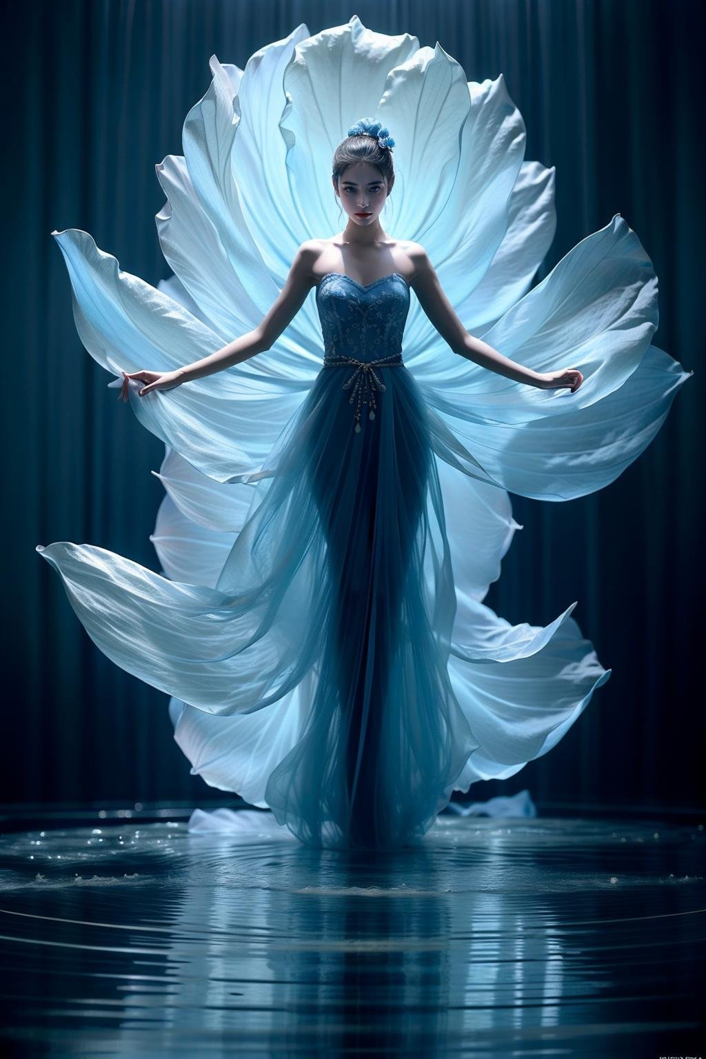 photorealistic,realistic,photography,masterpiece,best quality,ultra-detailed,1girl,water,flower,blue theme,dress,moon,<lora:md_20230904014516-000009:0.8>,