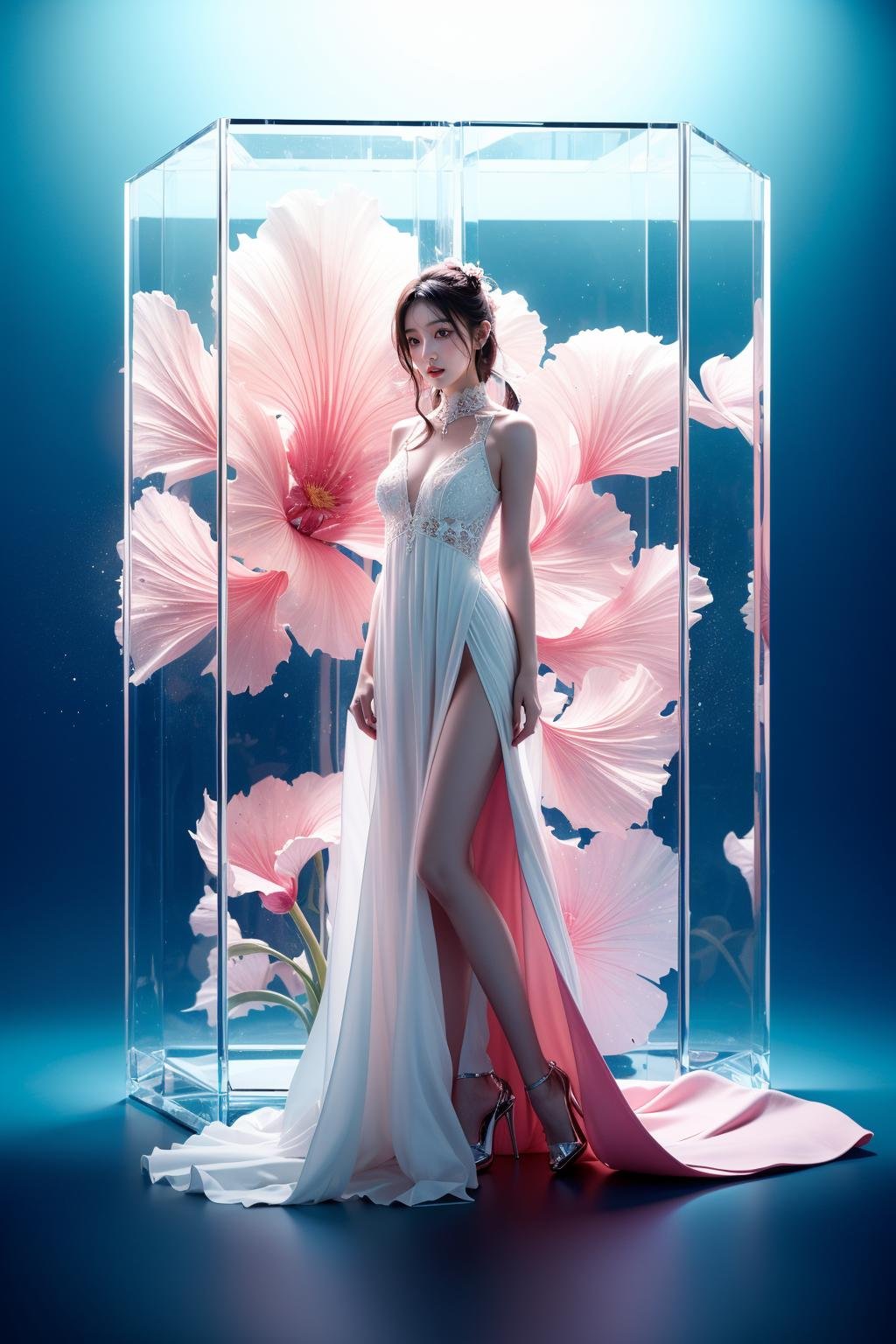 masterpiece,best quality,ultra-detailed,1girl,moon,glass,white dress,full body,pink flower,<lora:md_20230908122607-000004:0.6>,