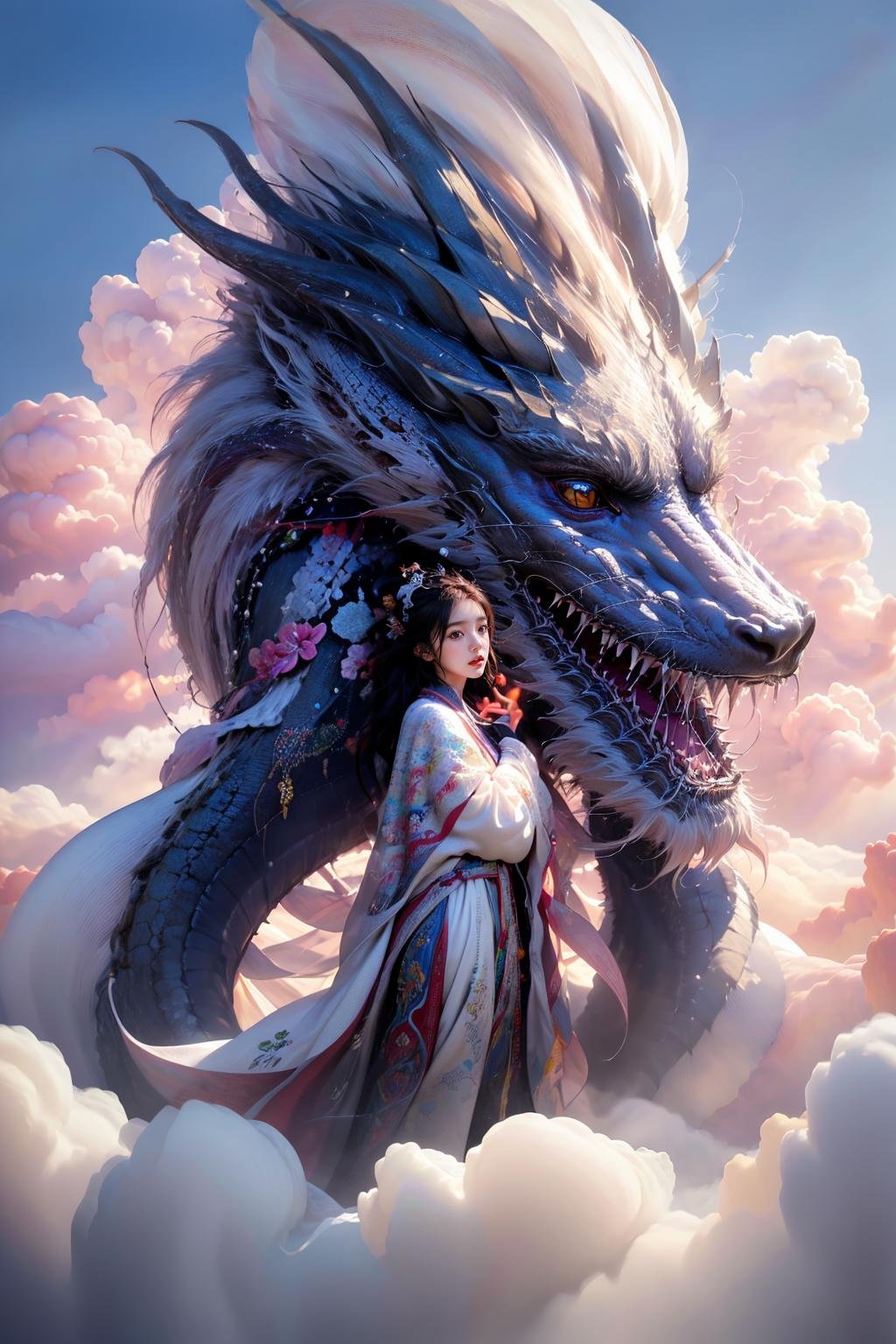 photorealistic,realistic,photography,masterpiece,best quality,ultra-detailed,extremely detailed CG unity 8k wallpaper,1girl,cloud,black theme,black dragon,<lora:龙与少女:0.7>,