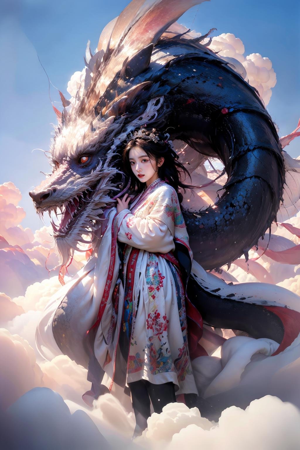 photorealistic,realistic,photography,masterpiece,best quality,ultra-detailed,extremely detailed CG unity 8k wallpaper,1girl,cloud,black theme,black dragon,<lora:龙与少女:0.7>,