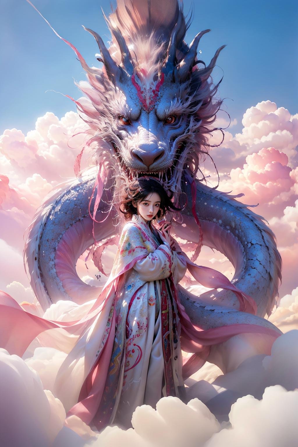 photorealistic,realistic,photography,masterpiece,best quality,ultra-detailed,extremely detailed CG unity 8k wallpaper,1girl,cloud,pink theme,pink white dragon,<lora:龙与少女:0.7>,