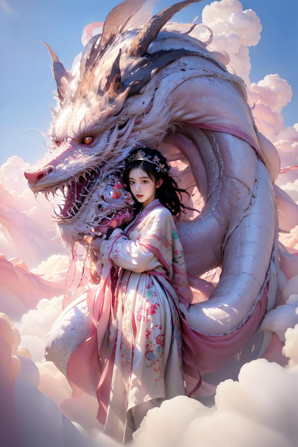 photorealistic,realistic,photography,masterpiece,best quality,ultra-detailed,extremely detailed CG unity 8k wallpaper,1girl,cloud,pink theme,pink white dragon,<lora:龙与少女:0.7>,