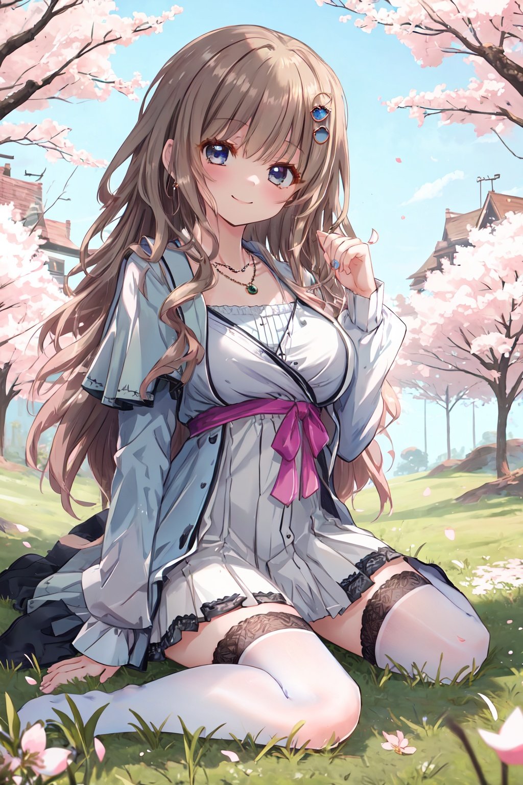 masterpiece, best quality,1girl, jewelry, necklace, long hair, smile , dress, solo, breasts, closed mouth, eyebrows visible through hair, long sleeves, hair ornament, looking at viewer, brown hair, blue eyes, white dress, bangs, hairclip,<lora:NAIV2_miyako:0.8>,sitting,wariza,cat pose,white thighhighs,cherry blossoms, grass,tree, 