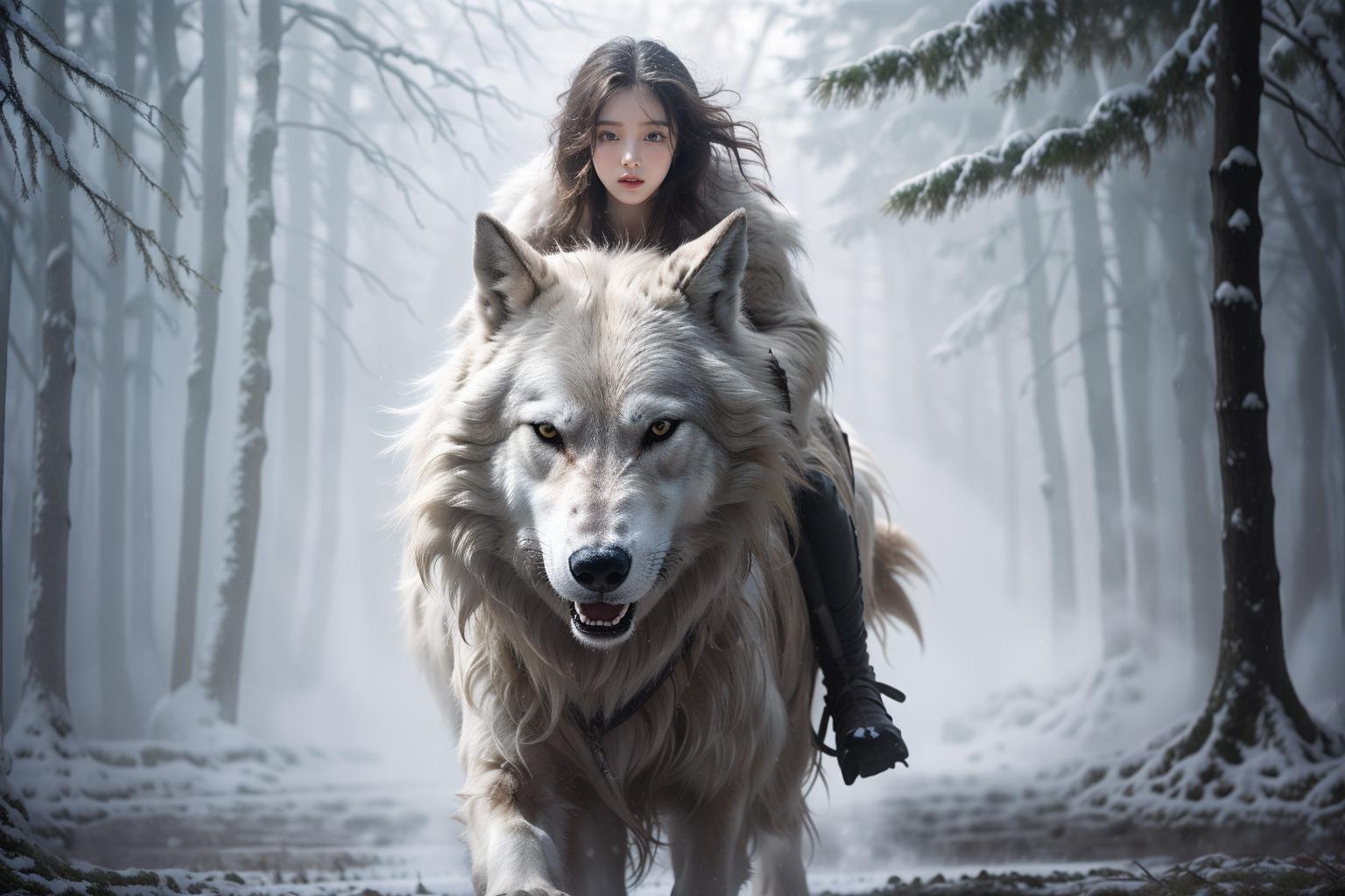 photorealistic, realistic, photography, masterpiece, best quality, ultra-detailed, 1girl, snowfield, riding, wolf, <lora:狼与少女:0.7>