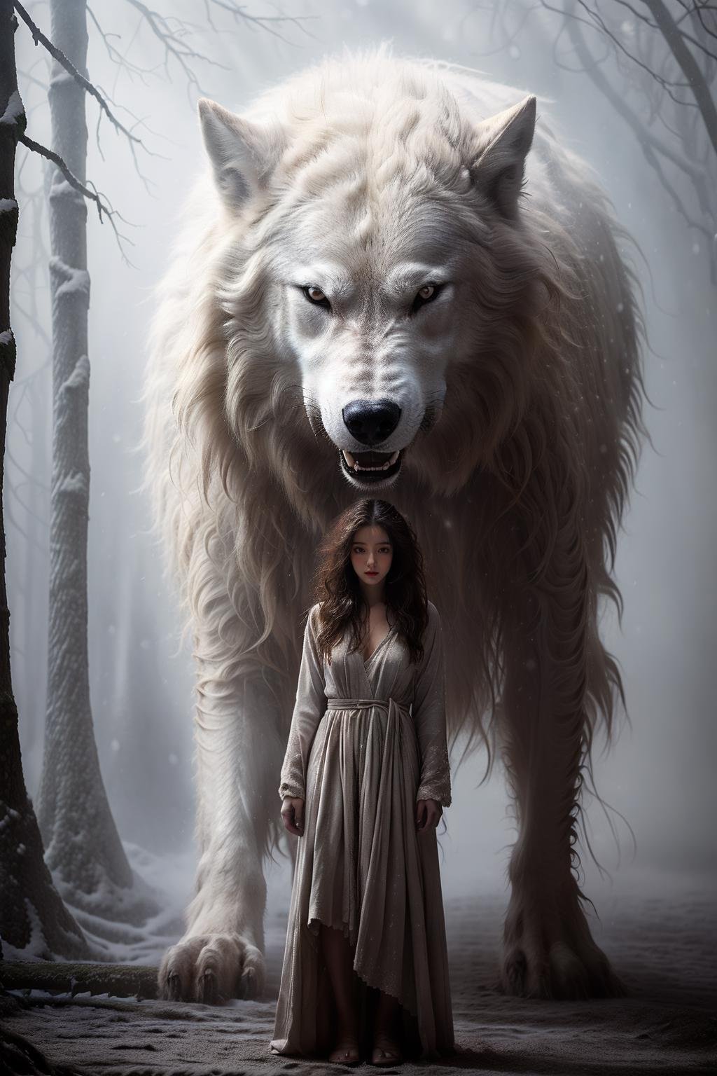 photorealistic,realistic,photography,masterpiece,best quality,ultra-detailed,long black hair,1girl,dress,wolf,forest,snowing,<lora:狼与少女:0.9>,