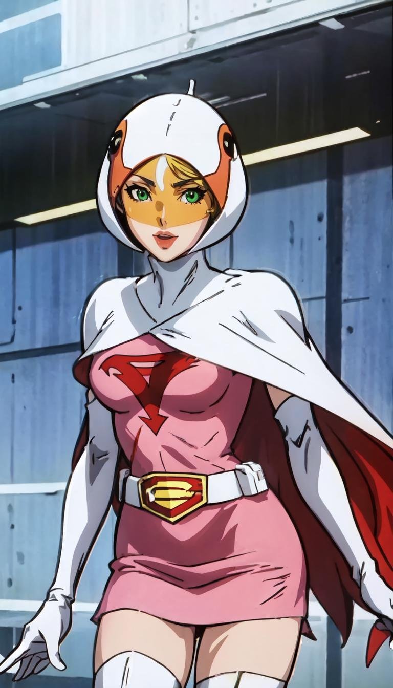 straight-on,pose,looking at viewer,BREAK, (retro artstyle:1.1) ANI_CLASSIC_jun_gatchaman_ownwaifu,www.ownwaifu.com, jun the swan, long hair,breasts,green eyes,lips,medium breasts,blonde hair,lipstick,makeup,white legwear,pink dress,superhero,bodysuit,cape,gloves,helmet,belt,elbow gloves,white gloves,mask,skirt,leotard, white thighhighs, skin tight, <lora:ANI_CLASSIC_jun_gatchaman_ownwaifu:0.8>,, official art, highres, scenery, (masterpiece:1.1), (best quality,:1.1), (high quality:1.1), (anime screencap:1.2),