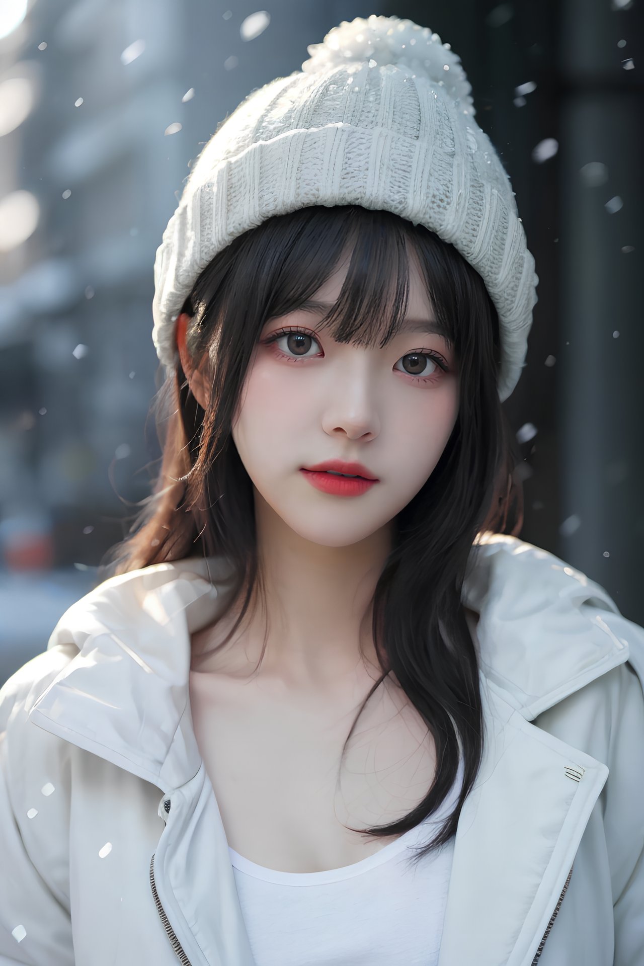 hyper realistic lifelike texture dramatic lighting unreal engine trending on art station, award winning photo, nikon RAW photo,8 k, Fujifilm XT3,masterpiece, best quality, realistic, photorealistic, ultra detailed, extremely detailed face, solo,1girl, standing, fashionable and trendy atmosphere, a dreamy atmosphere, snowing, wearing beanie,
